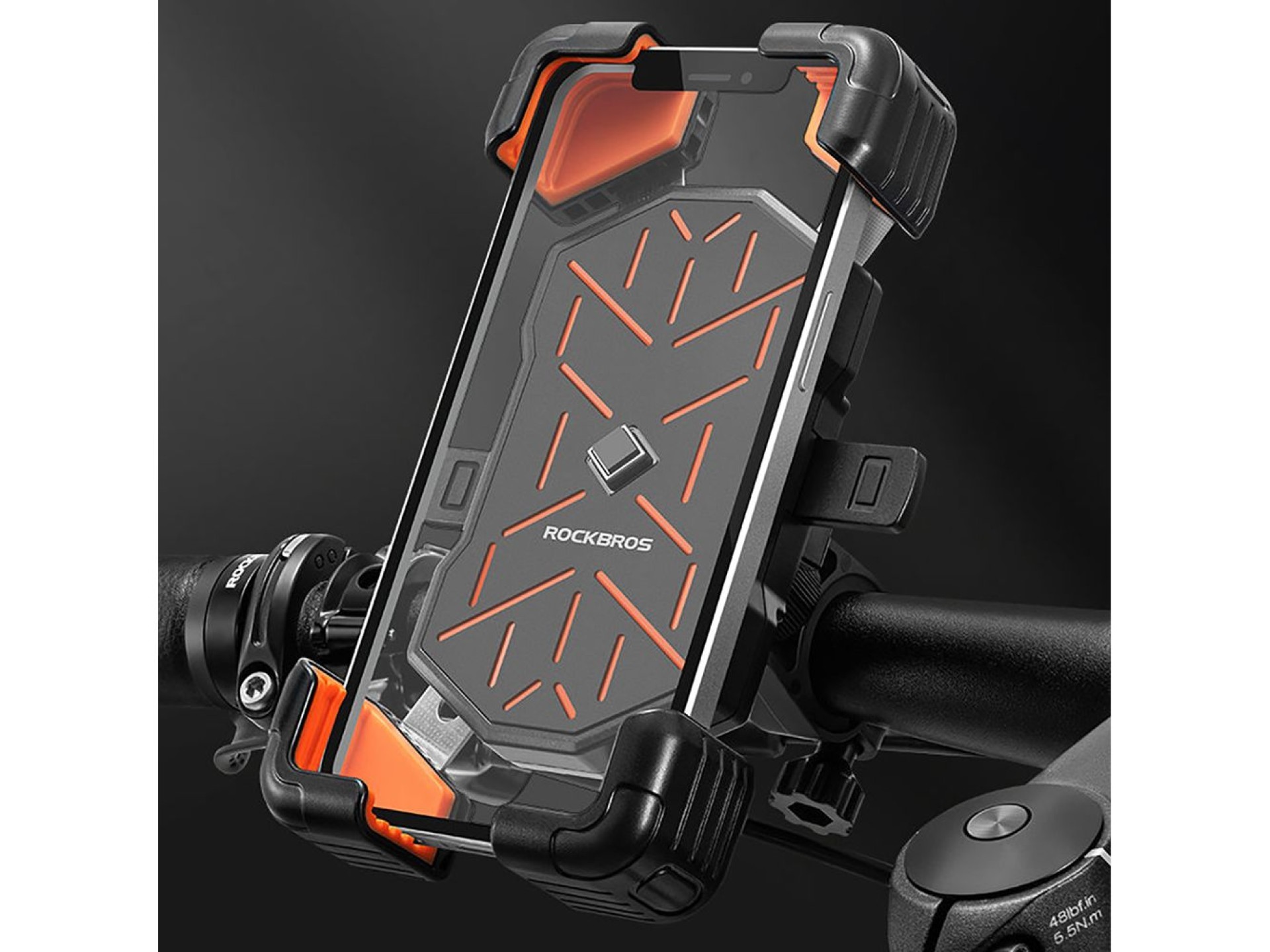 Suporte para celular Rockbros HW-117 com fixação no guidão - Preto e laranja