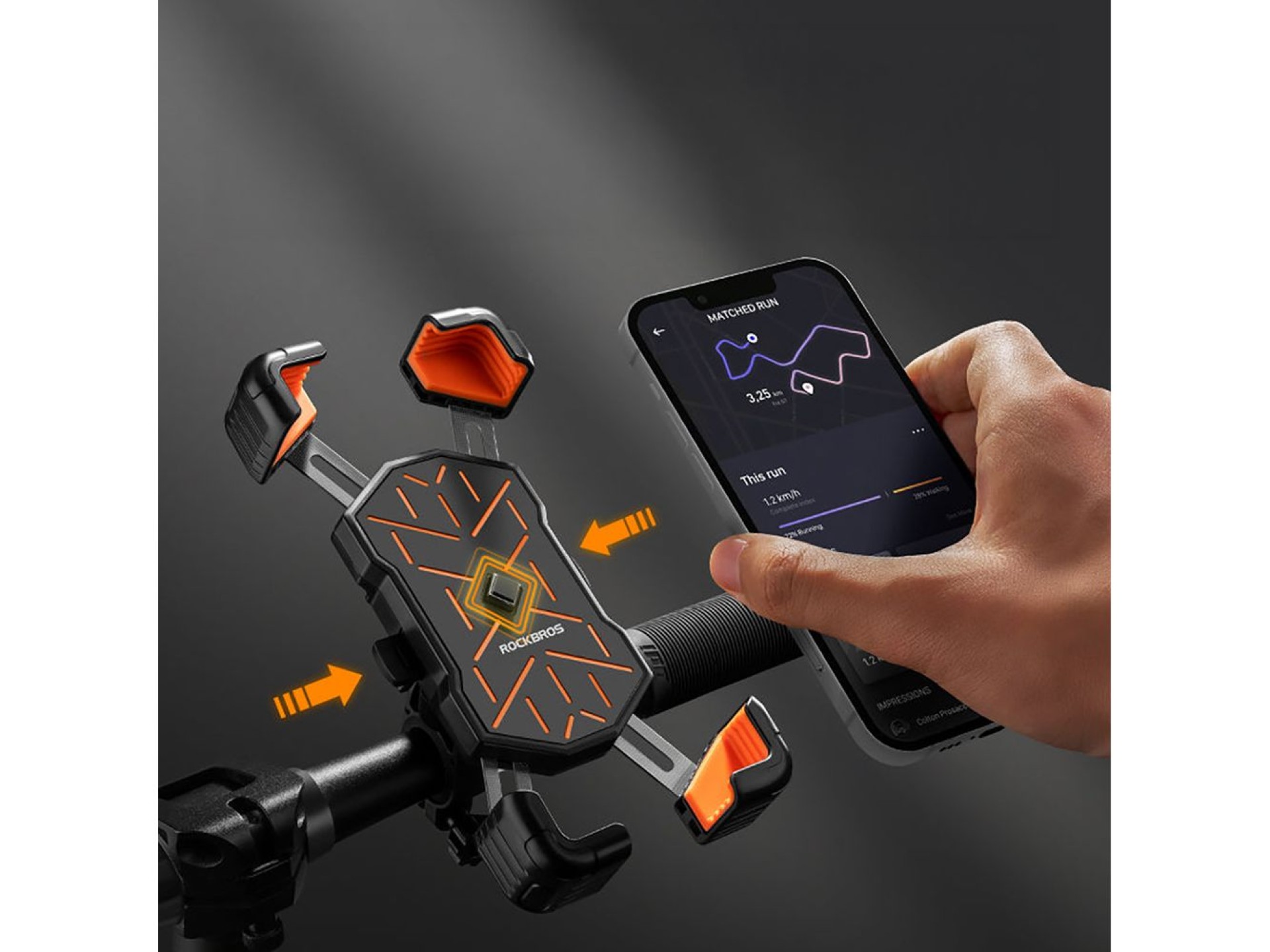 Suporte para celular Rockbros HW-117 com fixação no guidão - Preto e laranja