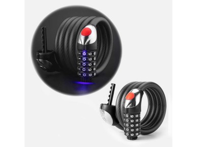 Rockbros RKS531 bicycle lock with 5-digit code, steel cable, 120 cm, with LED lighting - black Rockbros RKS531 bicycle lock with 5-digit code, steel cable, 120 cm, with LED lighting - black