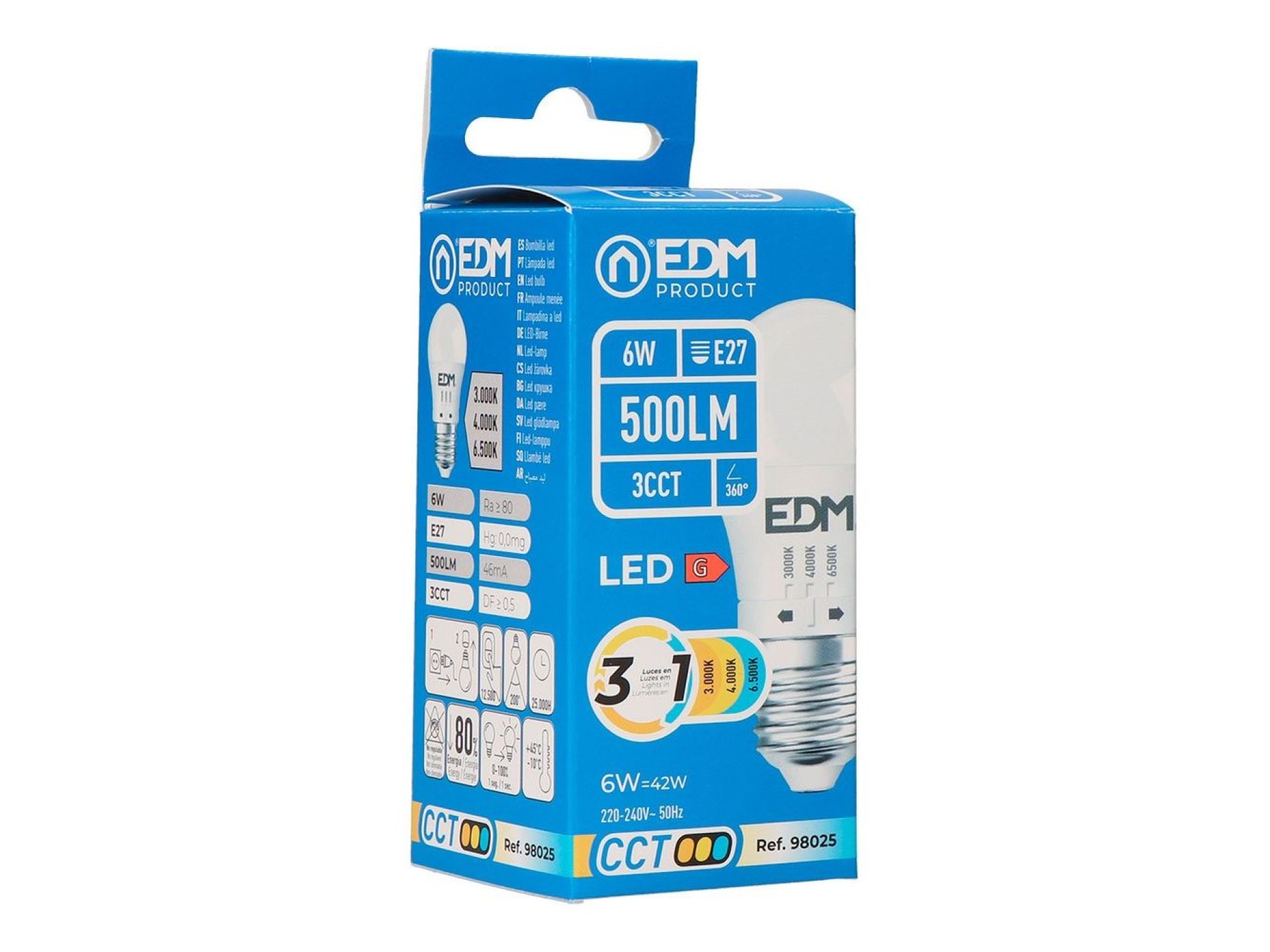 Bombilla esférica led p45 e27, 6 w, 500 lm, 3cct, ø45 x 88 mm