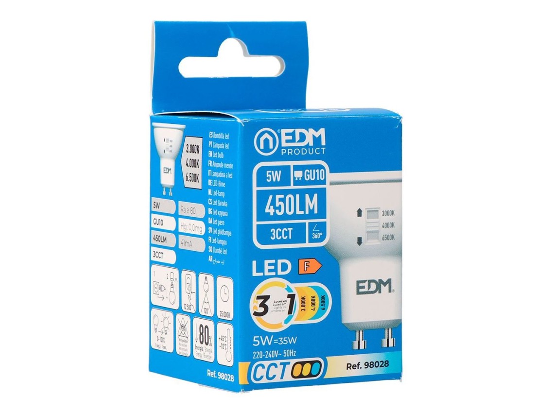 Bombilla dicroica led gu10, 5 w, 450 lm, 3cct, �50 x 62 mm