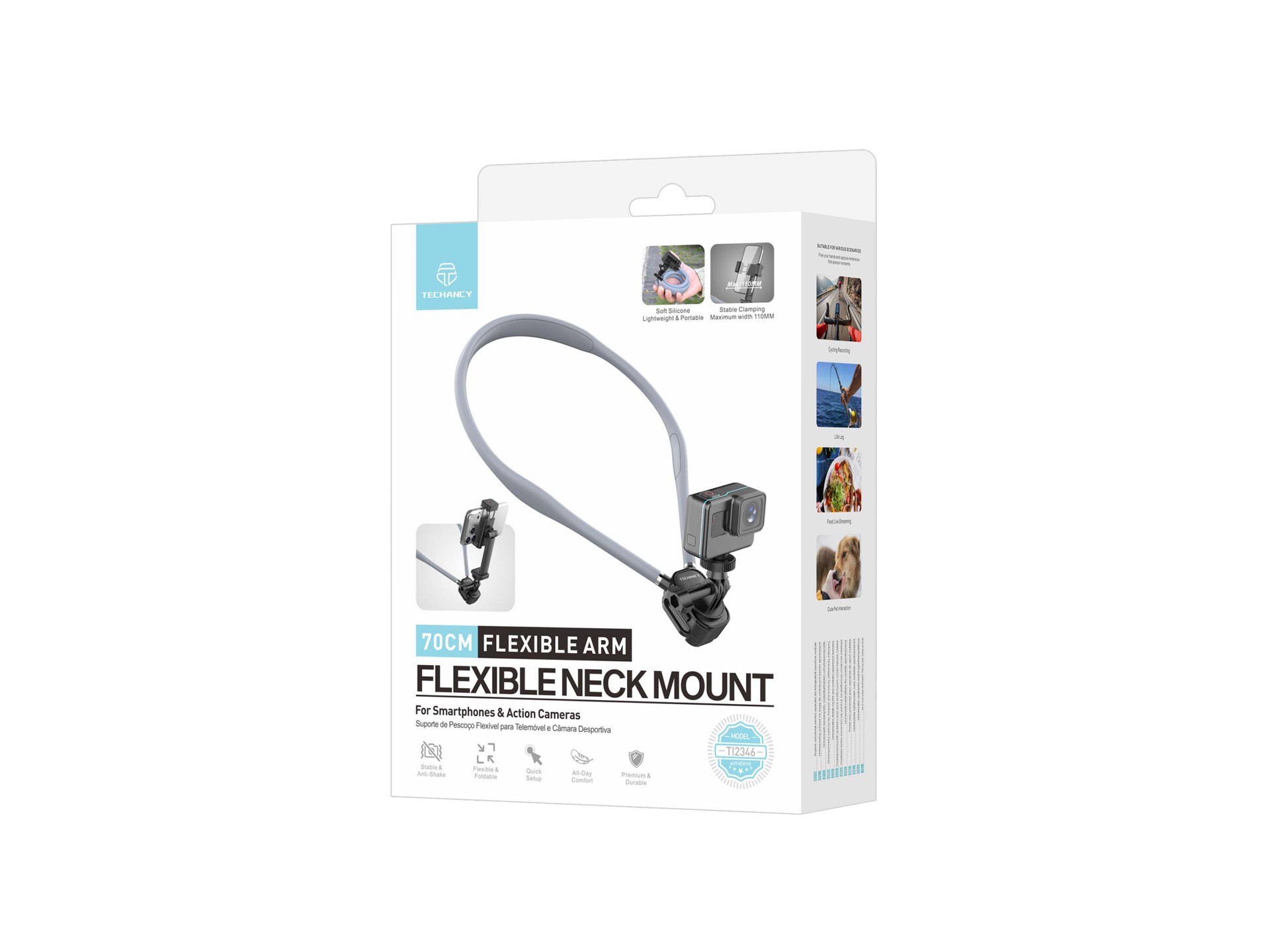 Techancy TI2346 Neck Support for Cameras and Mobile Phones with 70cm Flexible Arm, Hands-Free, Grey