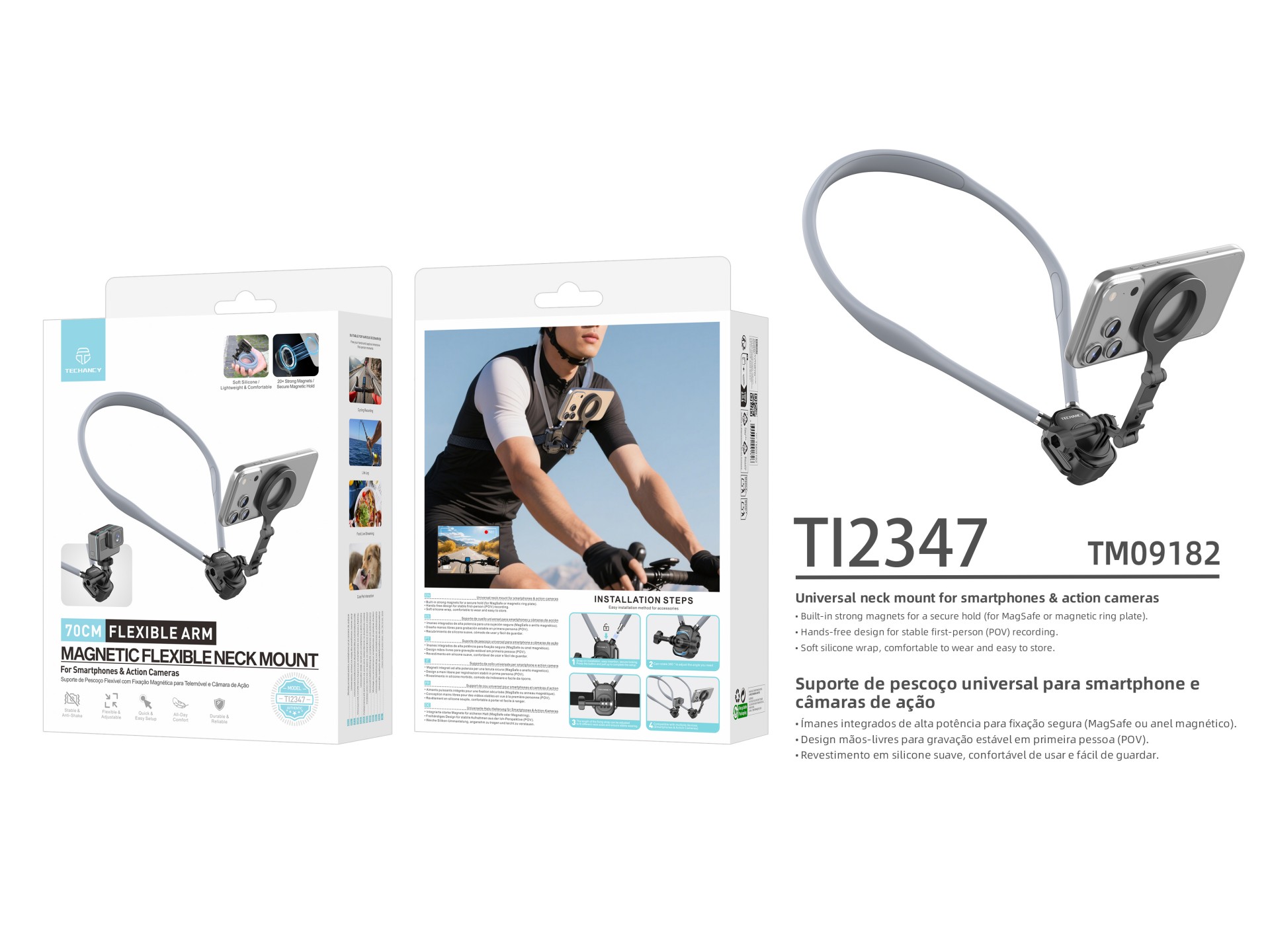 Techancy Suporte Magnetico de Pescoco TI2347 para Telemovel e Camara, Braco Flexivel 70cm, Maos Livr