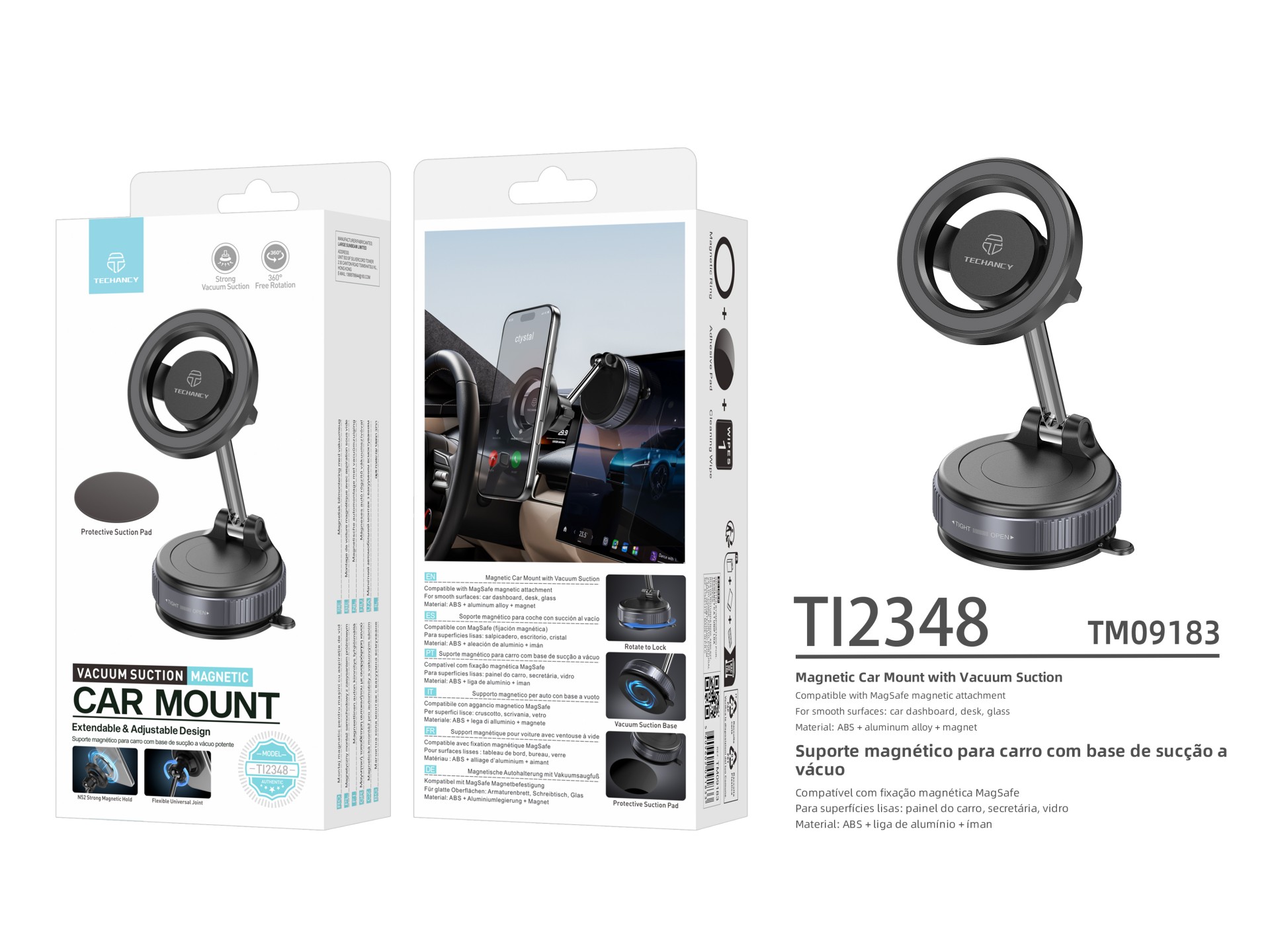 Techancy TI2348 Magnetic Car Mount with Vacuum Suction Cup, MagSafe Compatible, 360 Degree Rotation,