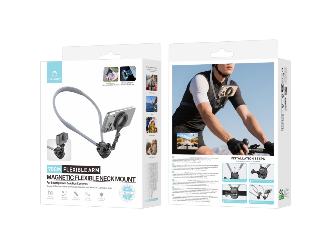 Techancy Suporte Magnetico de Pescoco TI2347 para Telemovel e Camara, Braco Flexivel 70cm, Maos Livr