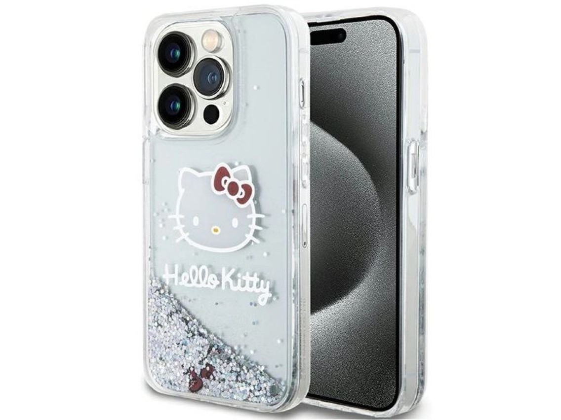 Capa Hello Kitty com glitter líquido e pingente em formato de cabeça de gatinho para iPhone 15 Pro -
