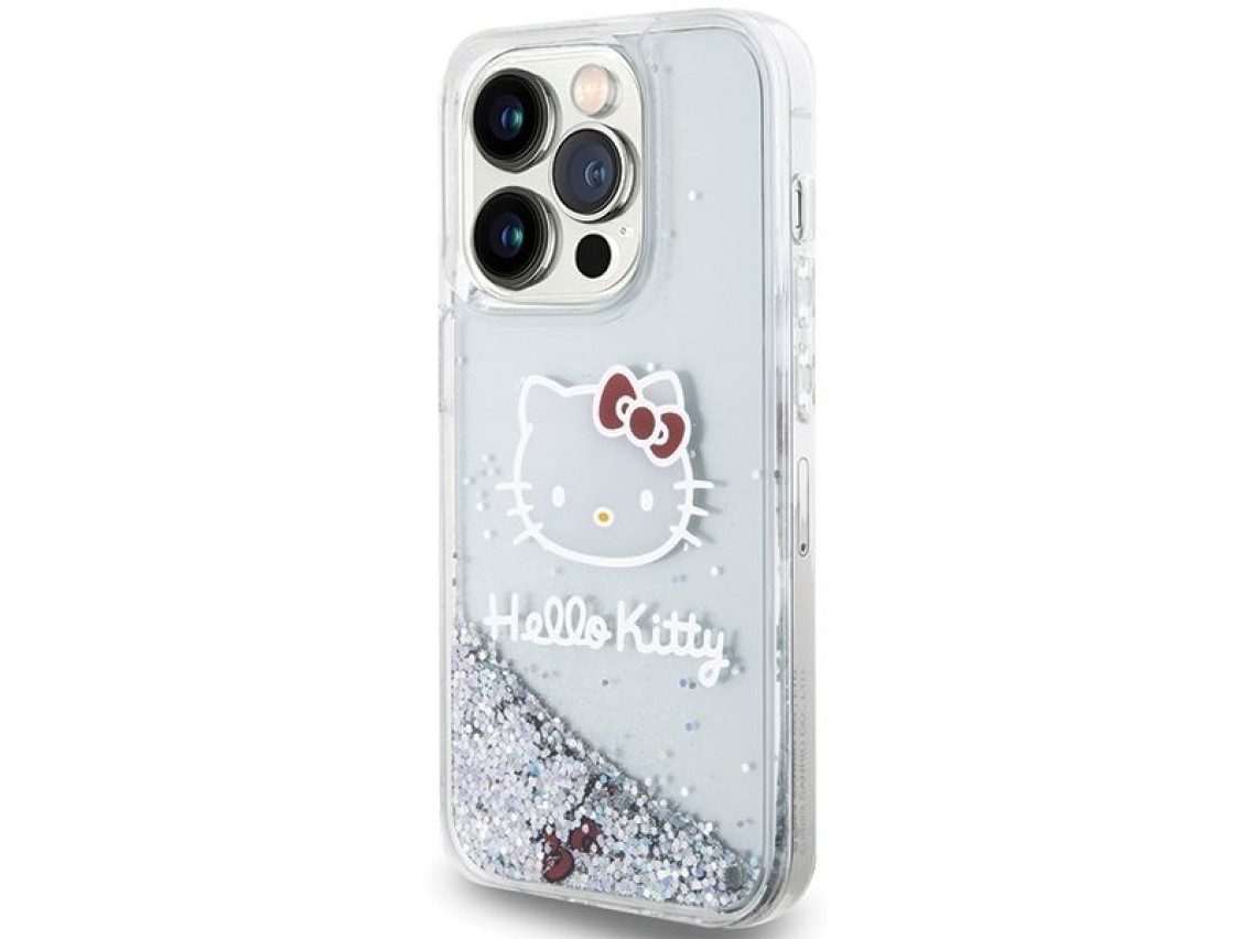 Capa Hello Kitty com glitter líquido e pingente em formato de cabeça de gatinho para iPhone 15 Pro -
