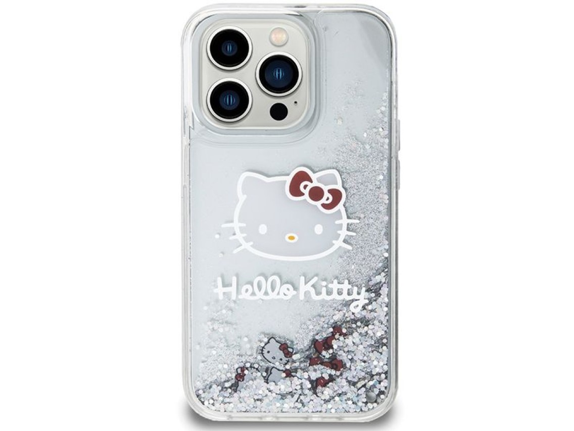 Capa Hello Kitty com glitter líquido e pingente em formato de cabeça de gatinho para iPhone 15 Pro -