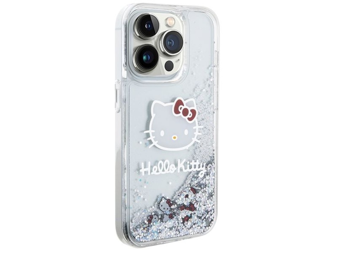 Capa Hello Kitty com glitter líquido e pingente em formato de cabeça de gatinho para iPhone 15 Pro -