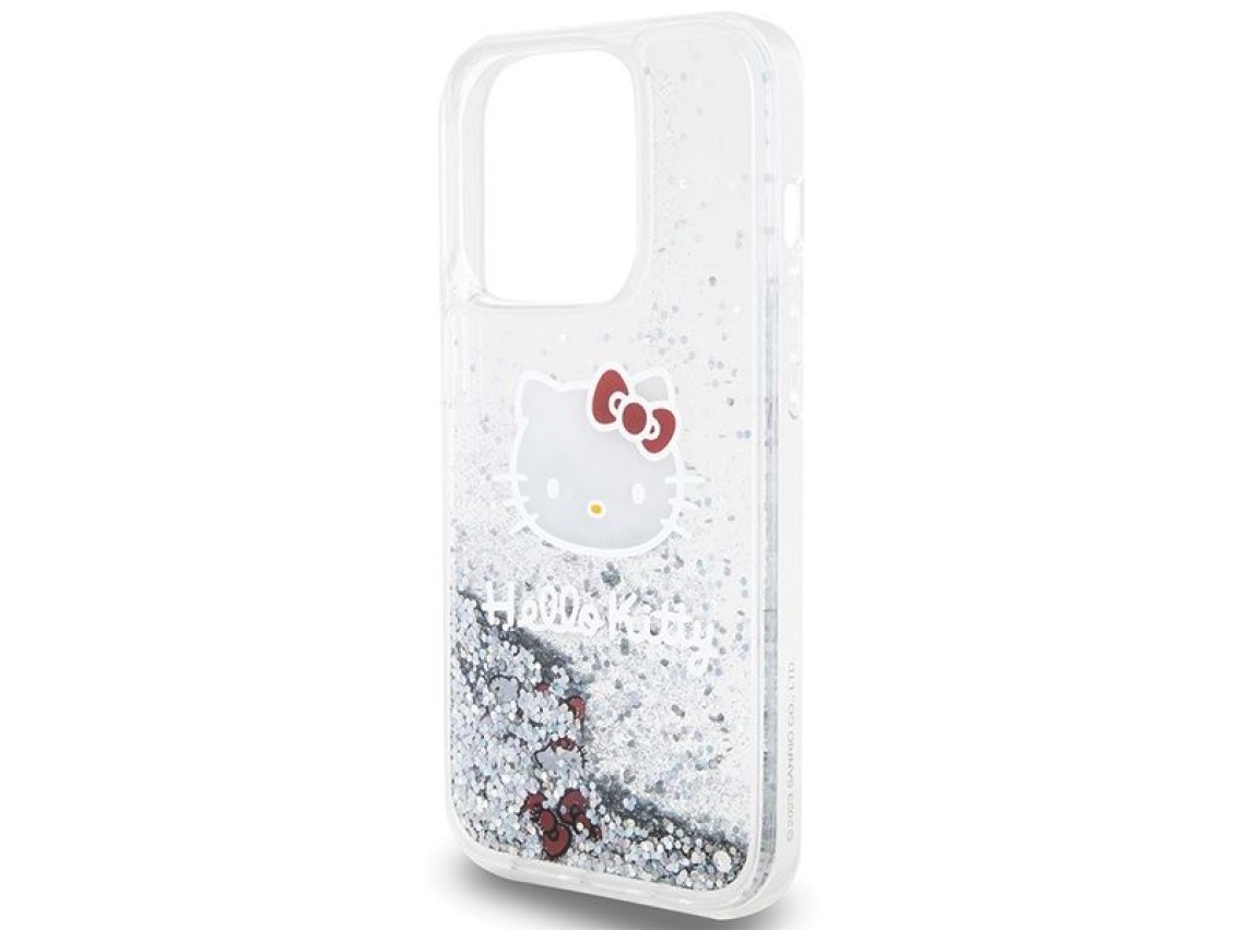 Capa Hello Kitty com glitter líquido e pingente em formato de cabeça de gatinho para iPhone 15 Pro -