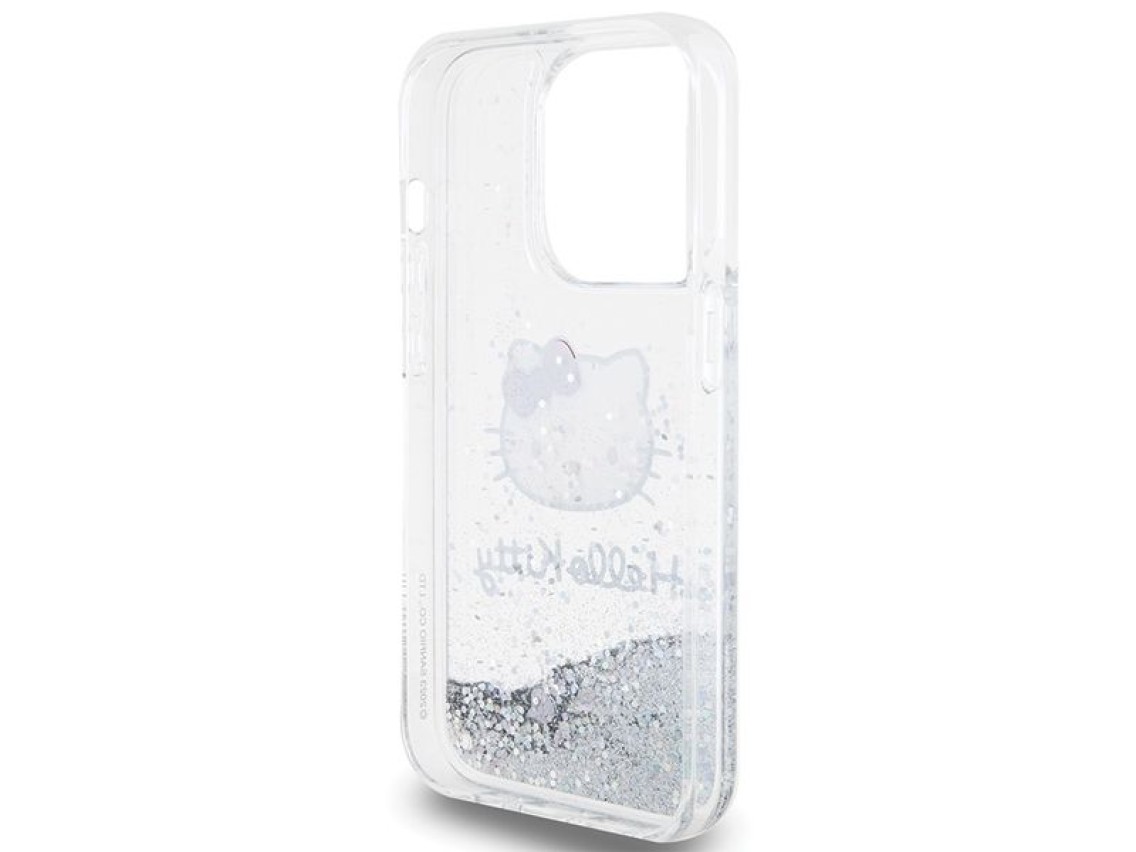 Capa Hello Kitty com glitter líquido e pingente em formato de cabeça de gatinho para iPhone 15 Pro -