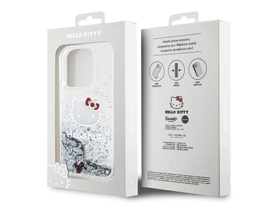 Capa Hello Kitty com glitter líquido e pingente em formato de cabeça de gatinho para iPhone 15 Pro -