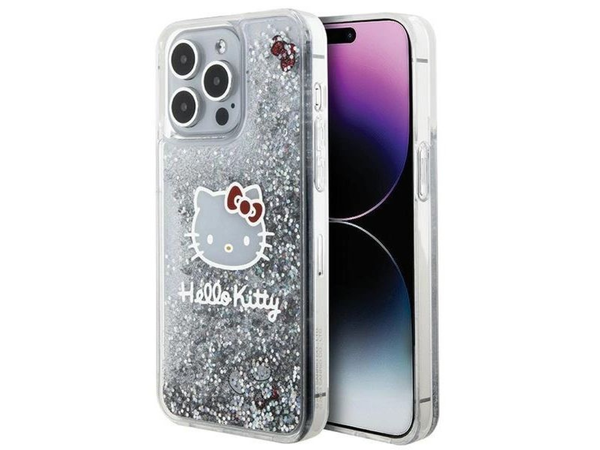 Capa Hello Kitty com glitter líquido e pingente em formato de cabeça de gatinho para iPhone 15 Pro M