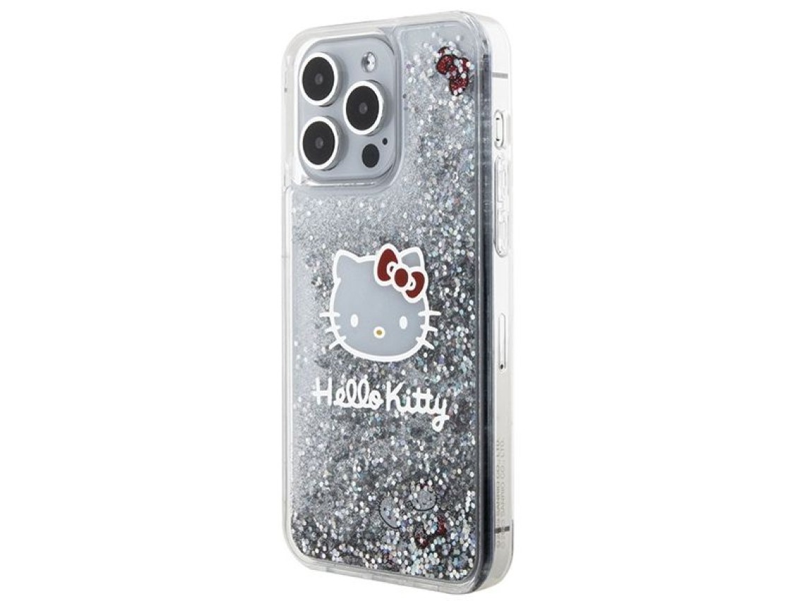 Capa Hello Kitty com glitter l�quido e pingente em formato de cabe�a de gatinho para iPhone 15 Pro M