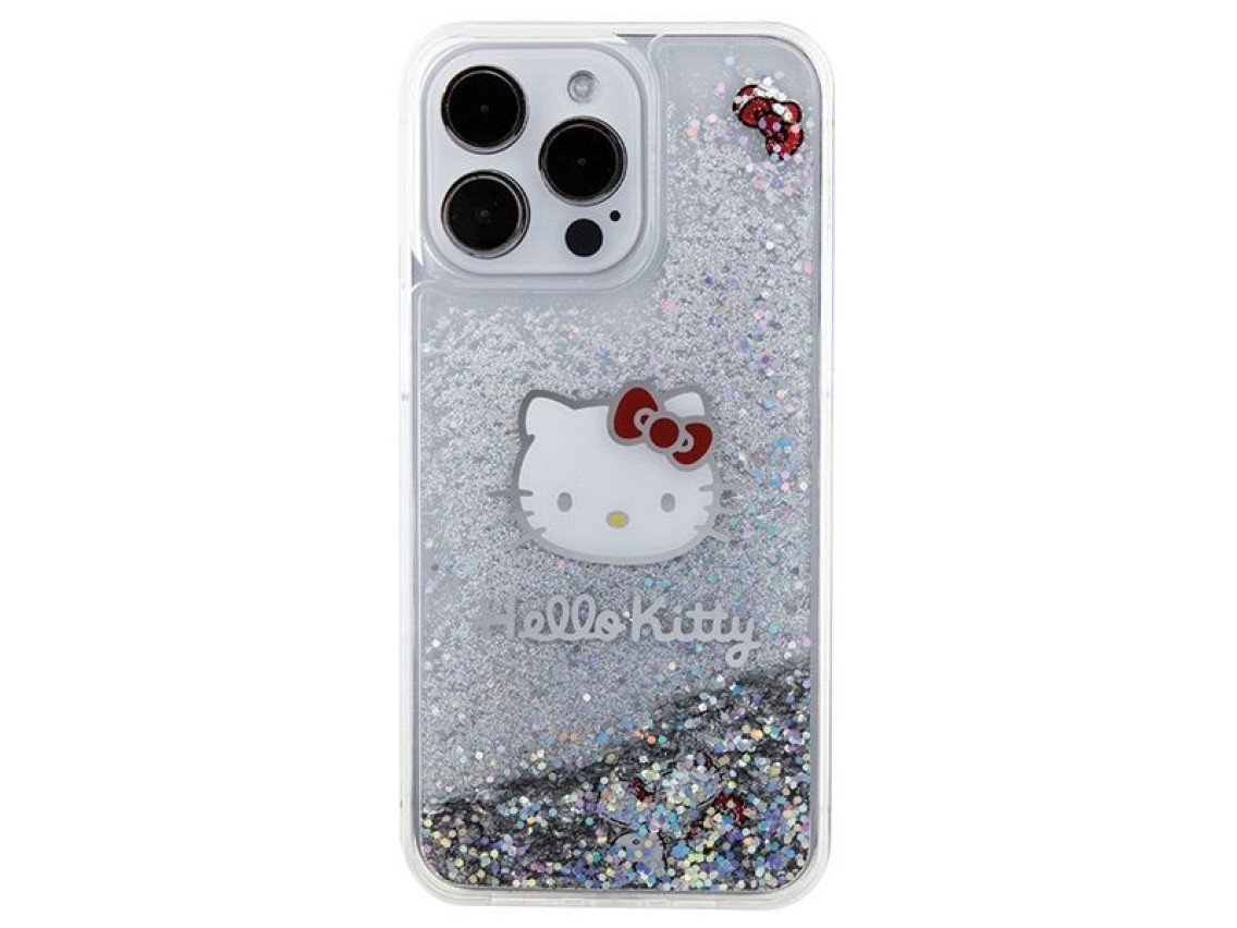 Capa Hello Kitty com glitter l�quido e pingente em formato de cabe�a de gatinho para iPhone 15 Pro M