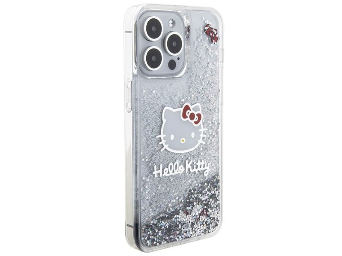 Capa Hello Kitty com glitter l�quido e pingente em formato de cabe�a de gatinho para iPhone 15 Pro M