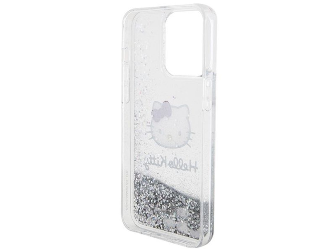 Capa Hello Kitty com glitter l�quido e pingente em formato de cabe�a de gatinho para iPhone 15 Pro M