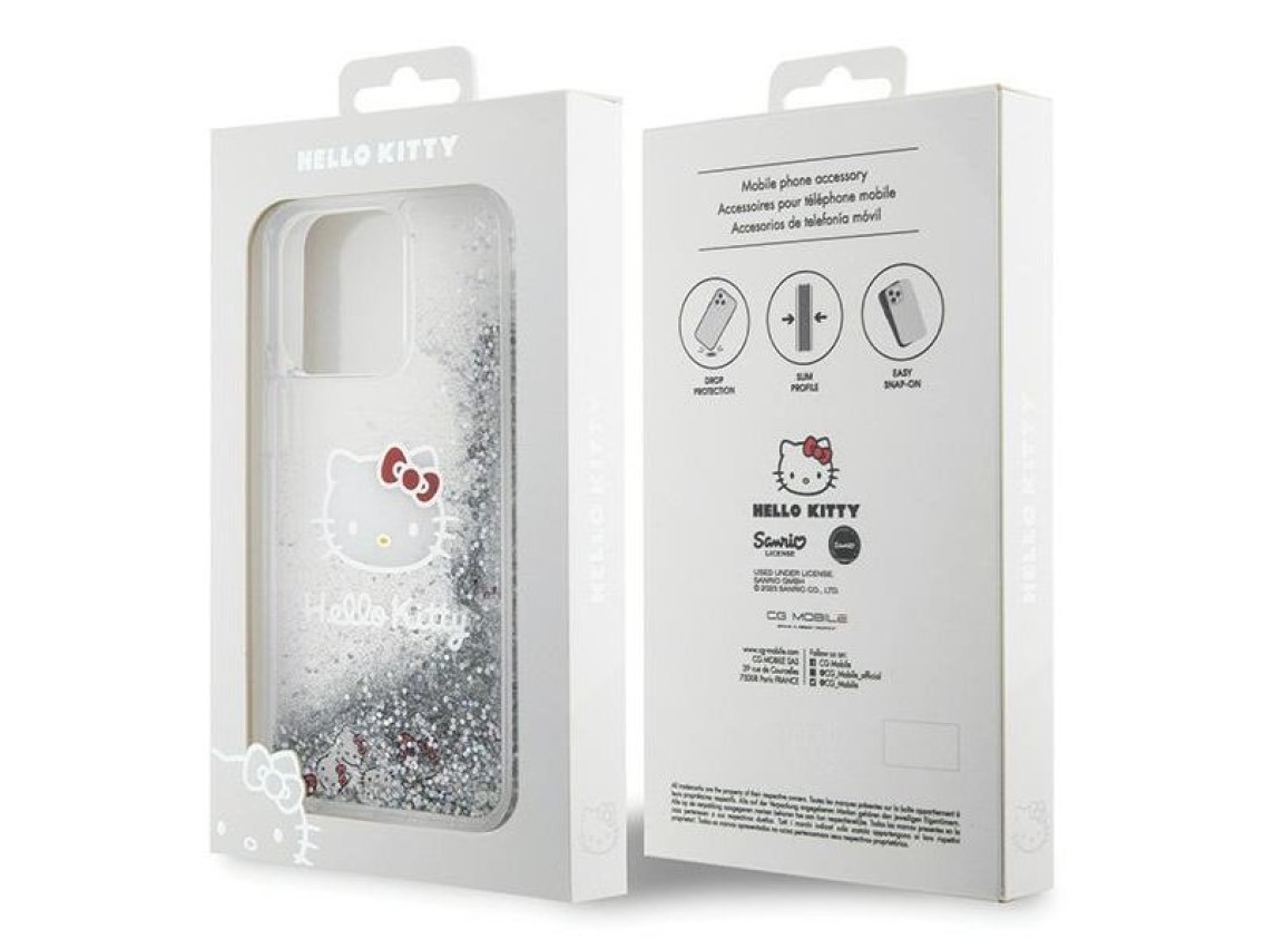 Capa Hello Kitty com glitter l�quido e pingente em formato de cabe�a de gatinho para iPhone 15 Pro M