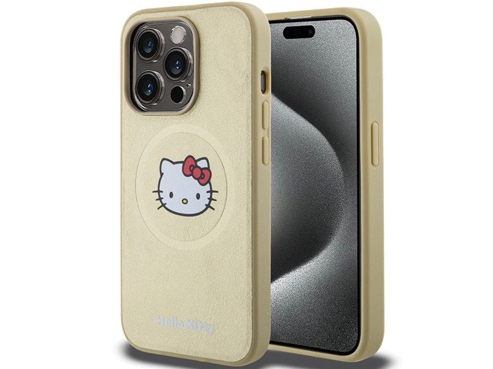 Capa MagSafe Hello Kitty em couro com formato de cabeça de gatinho para iPhone 14 Pro - dourada