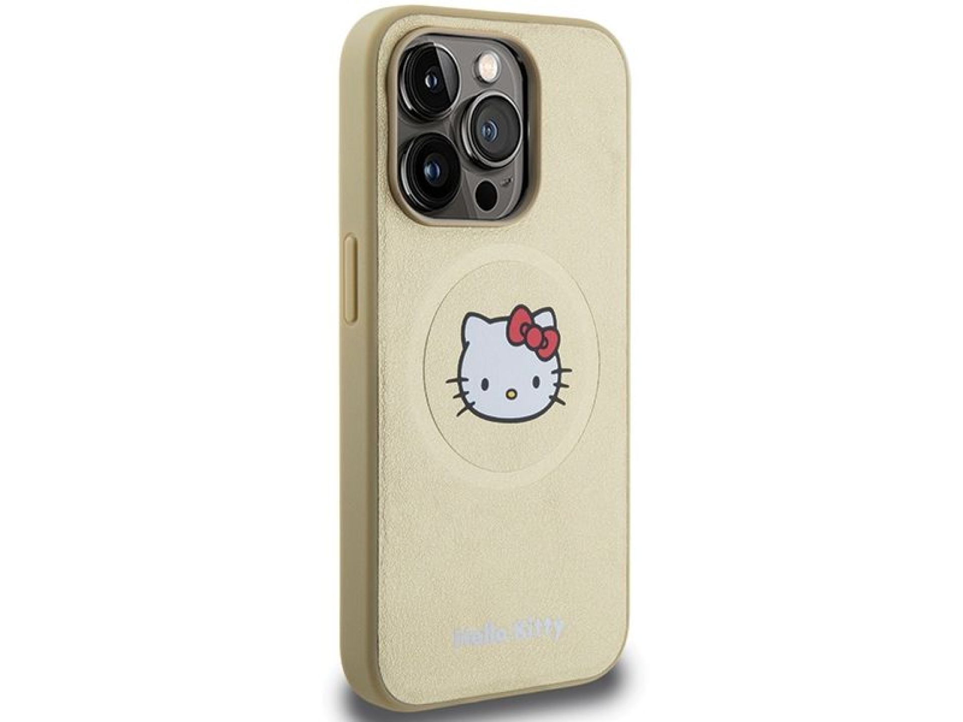 Capa MagSafe Hello Kitty em couro com formato de cabeça de gatinho para iPhone 15 Pro - dourada