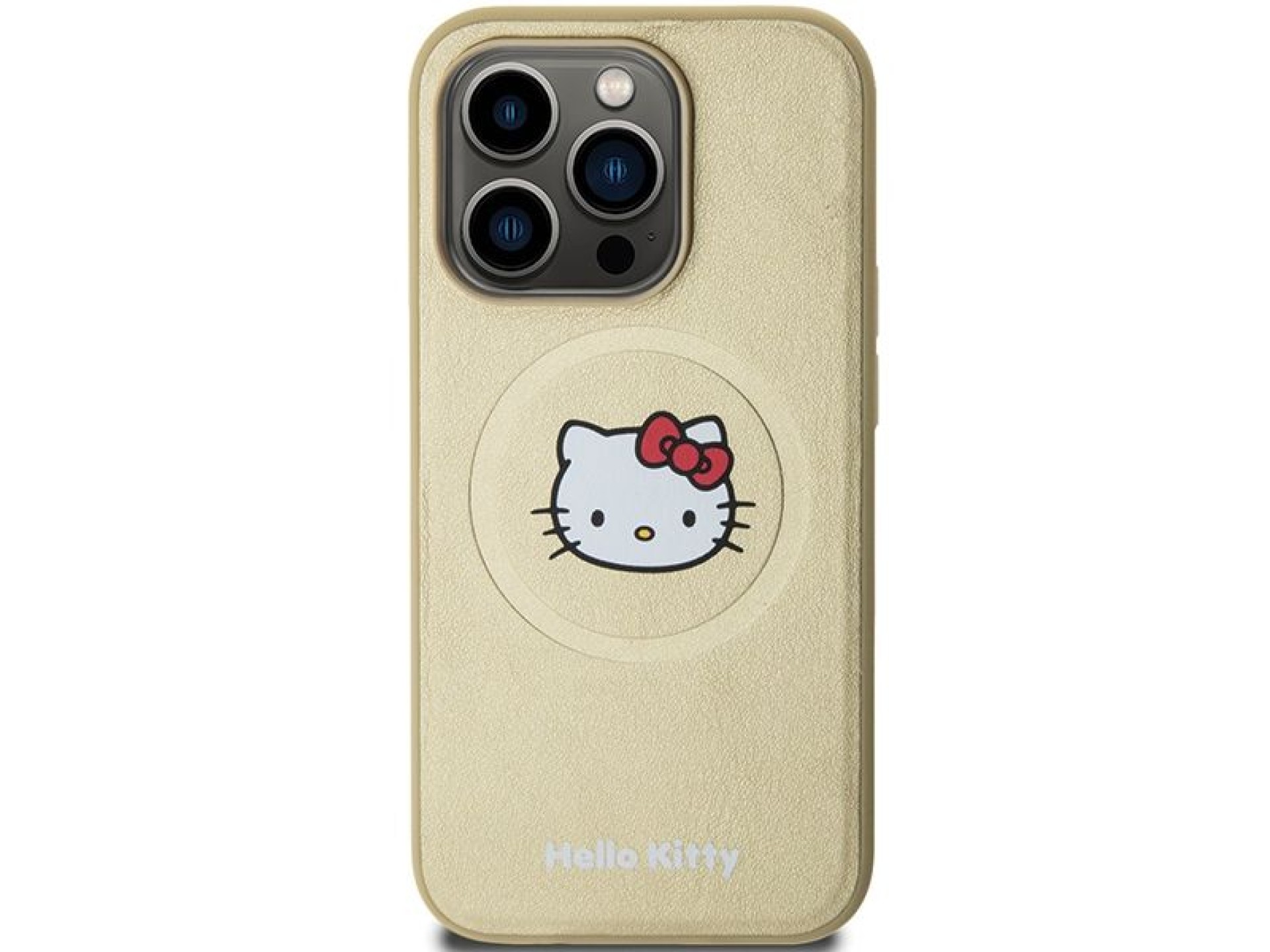 Capa MagSafe Hello Kitty em couro com formato de cabeça de gatinho para iPhone 15 Pro Max - dourada