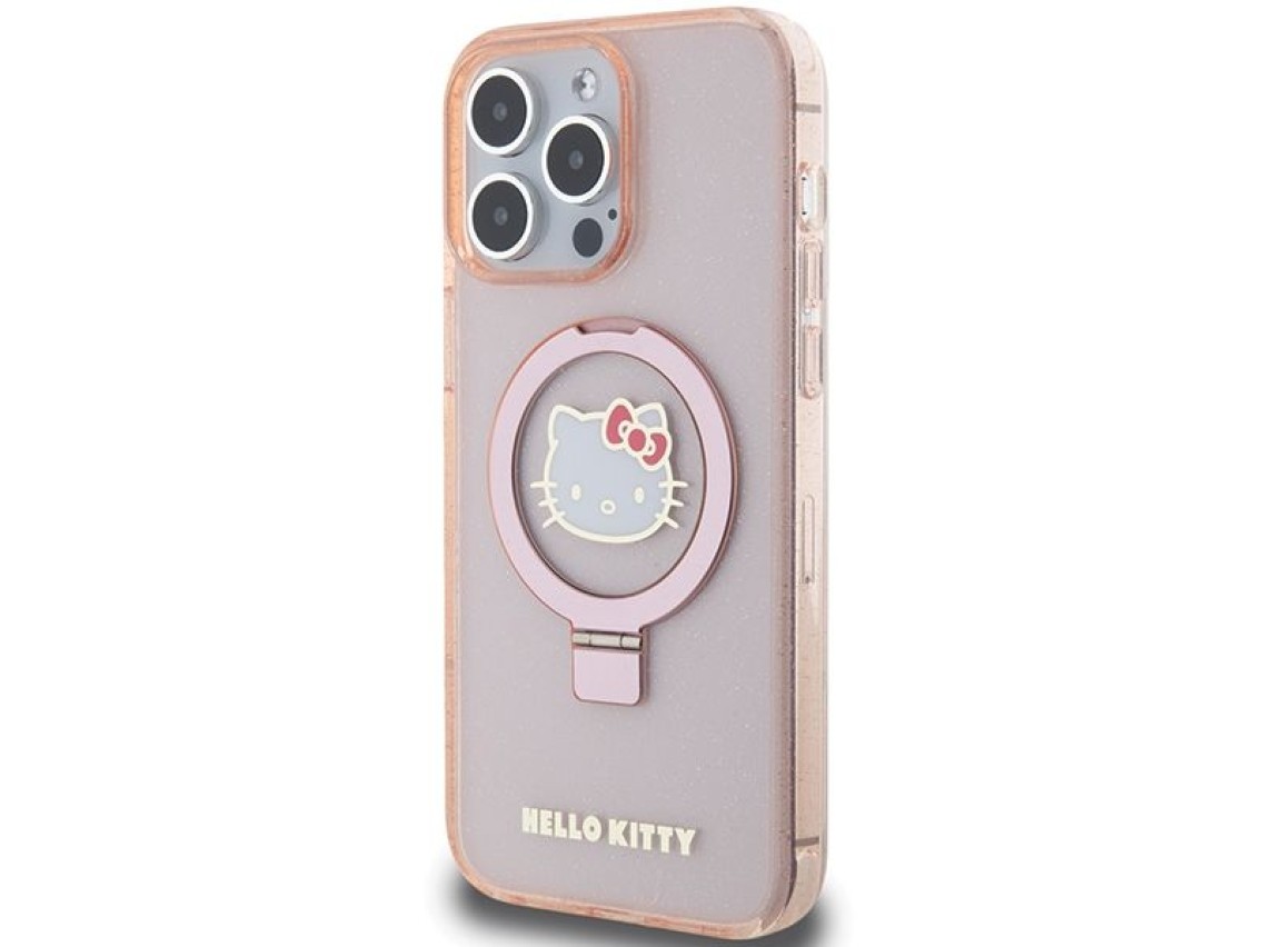 Hello Kitty Ring Stand Glitter Electrop Logo MagSafe Case for iPhone 15 Pro Max - Pink