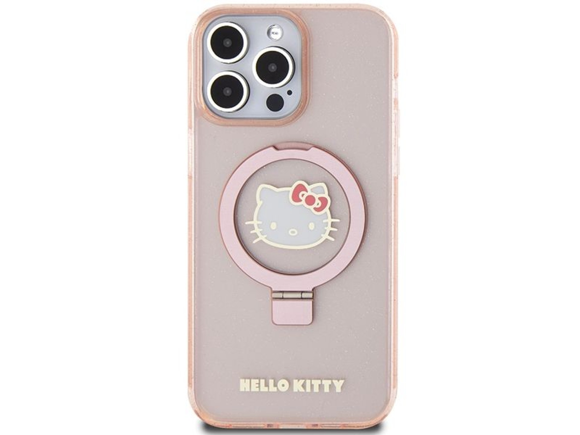 Hello Kitty Ring Stand Glitter Electrop Logo MagSafe Case for iPhone 15 Pro Max - Pink