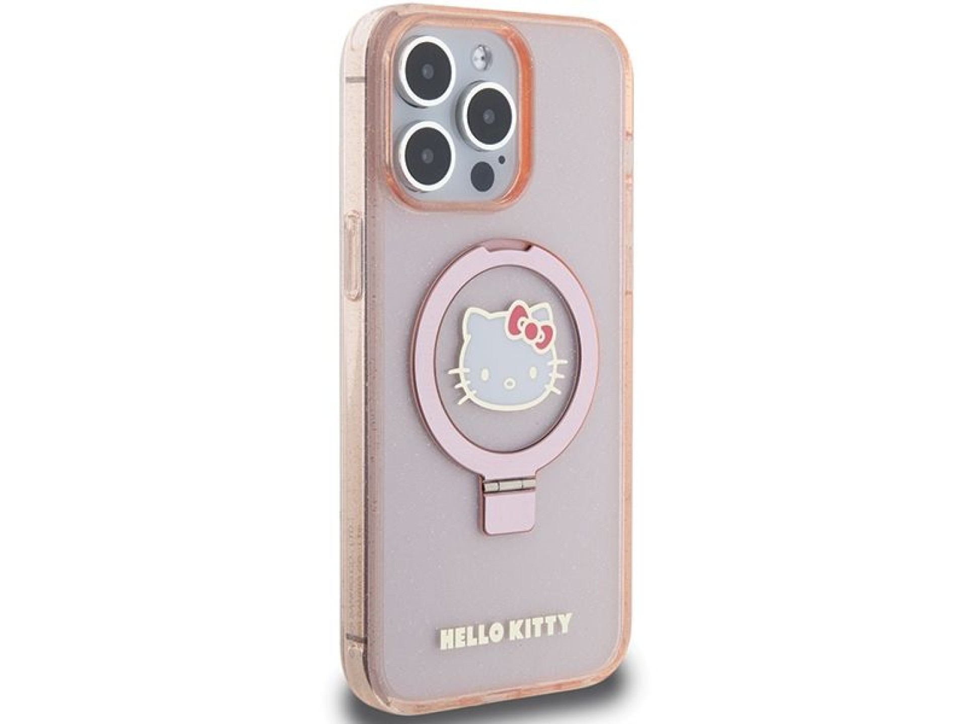 Hello Kitty Ring Stand Glitter Electrop Logo MagSafe Case for iPhone 15 Pro Max - Pink