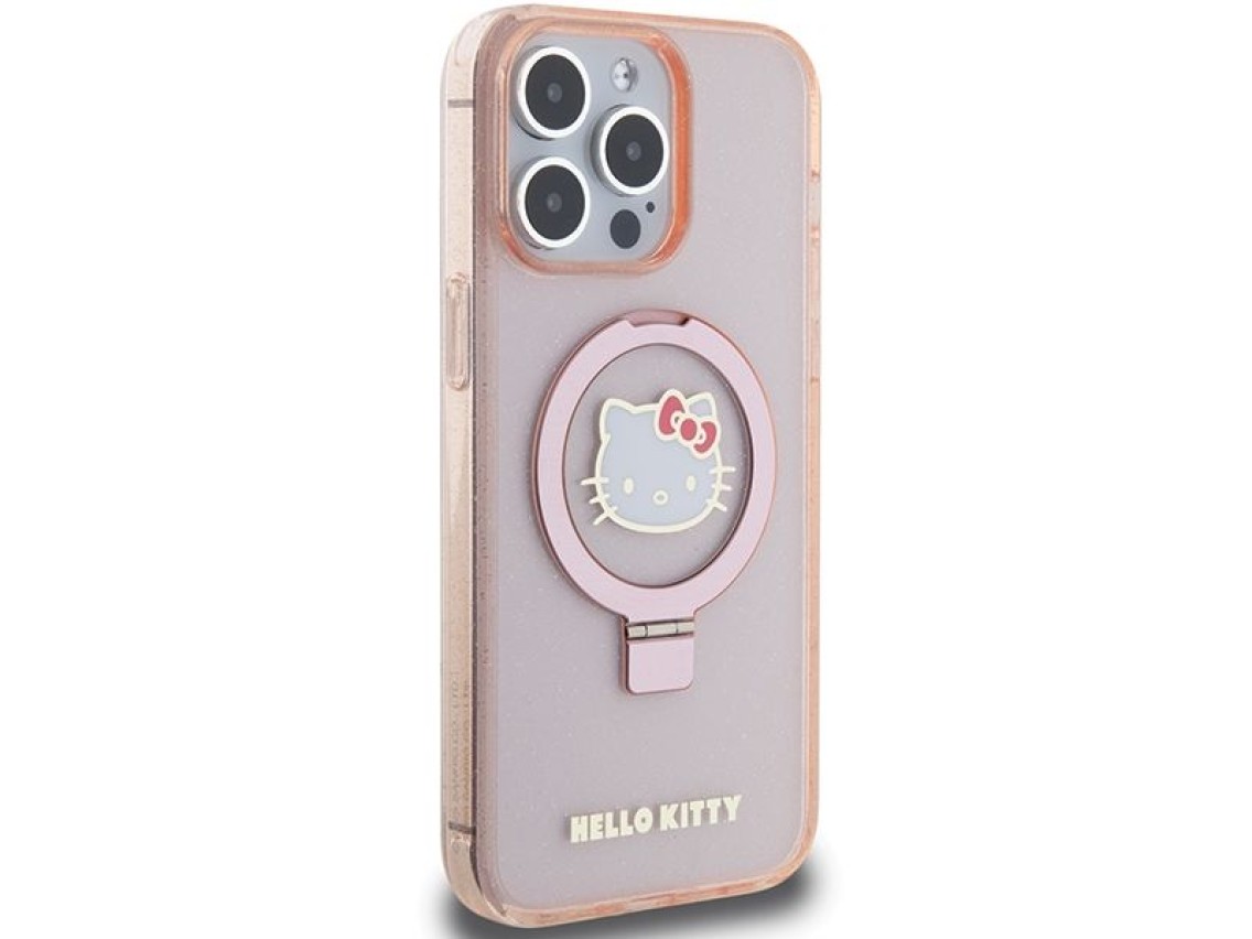 Hello Kitty Ring Stand Glitter Electrop Logo MagSafe Case for iPhone 15 Pro Max - Pink