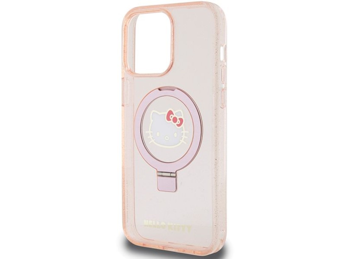 Hello Kitty Ring Stand Glitter Electrop Logo MagSafe Case for iPhone 15 Pro Max - Pink