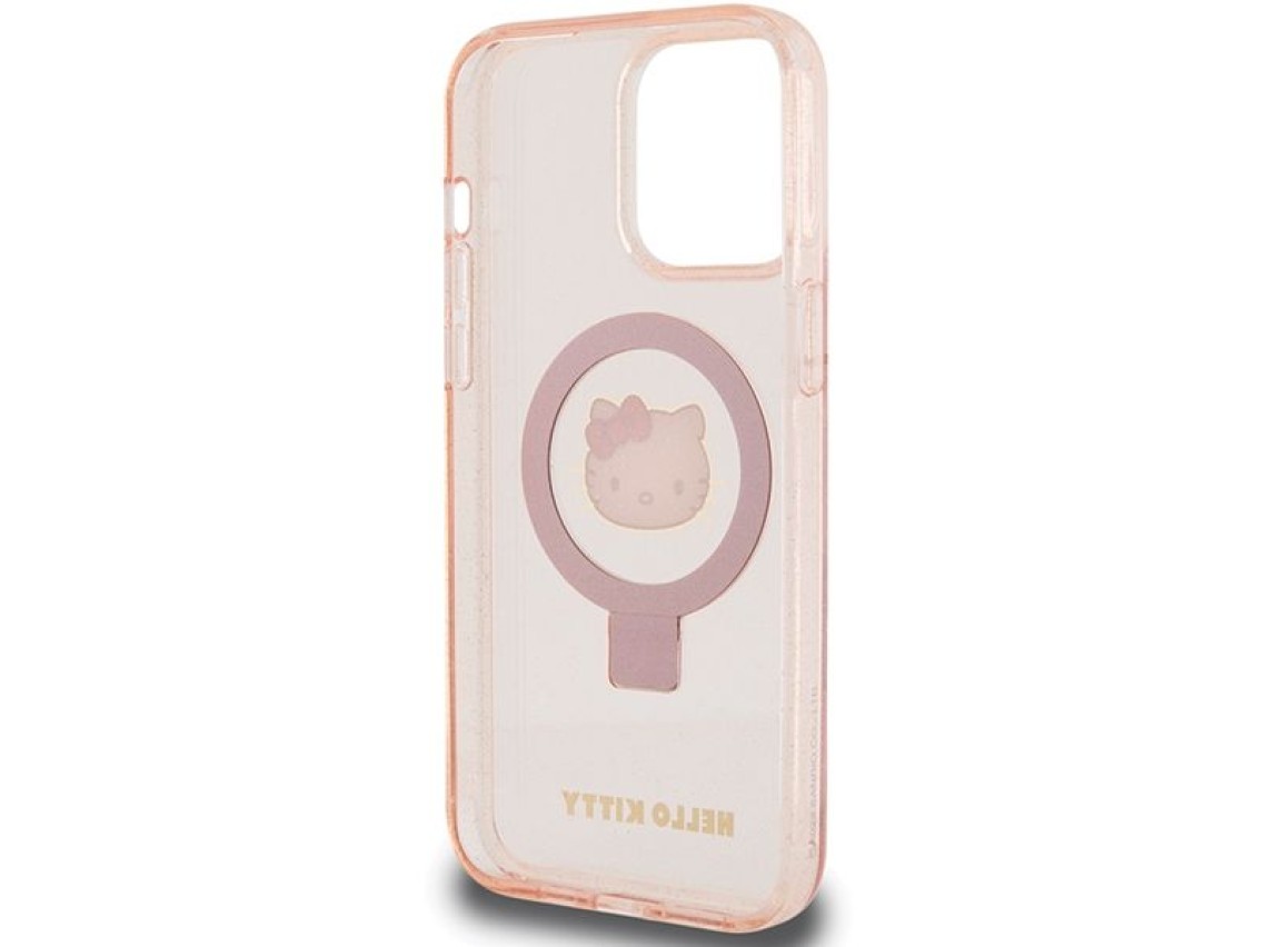 Hello Kitty Ring Stand Glitter Electrop Logo MagSafe Case for iPhone 15 Pro Max - Pink