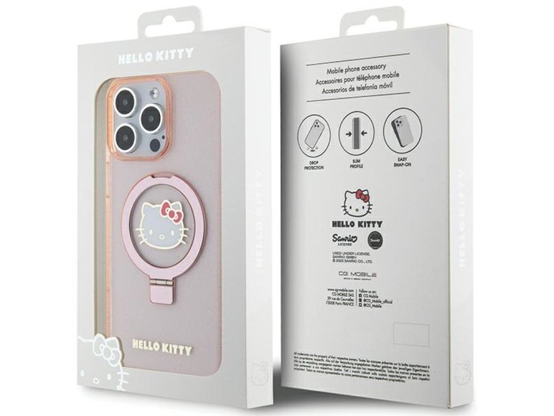 Hello Kitty Ring Stand Glitter Electrop Logo MagSafe Case for iPhone 15 Pro Max - Pink