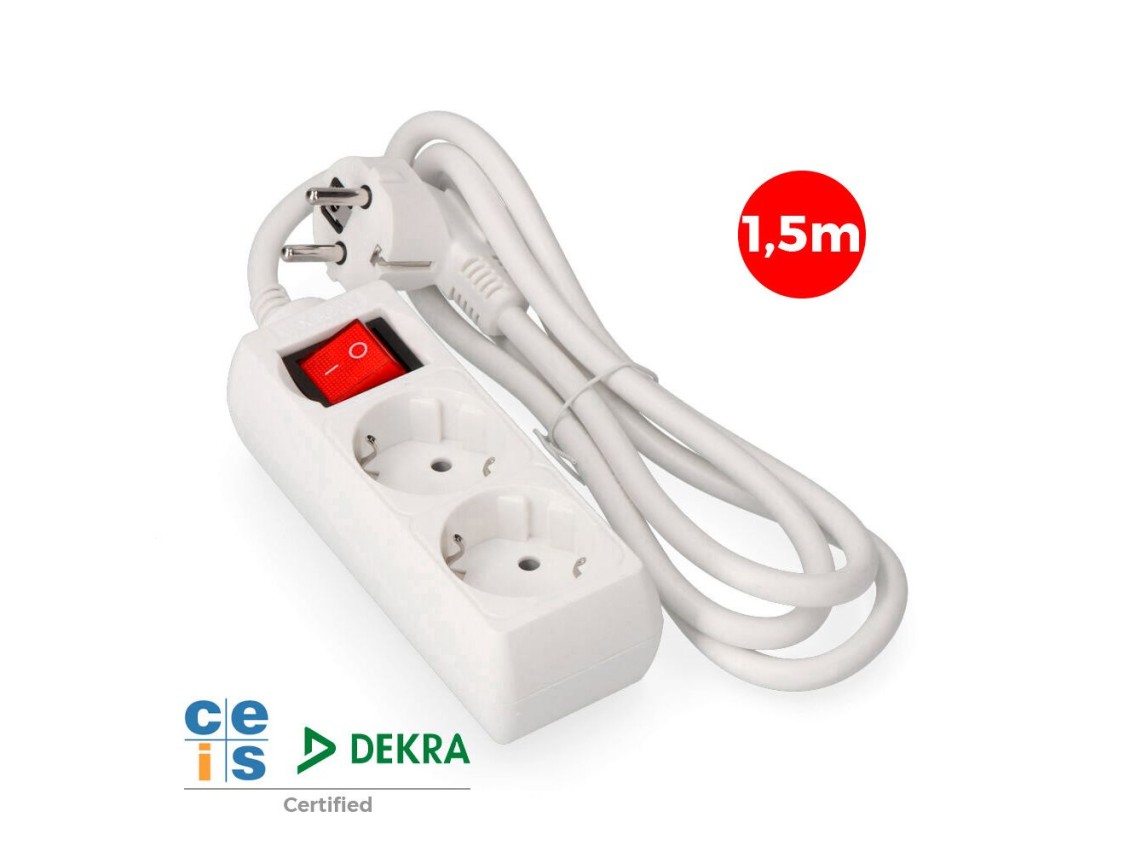 2-outlet multi-socket 2p+e with illuminated switch, 16 to 250 v~ 1,5 m cable h05vv-f 3g1,5 mm² white