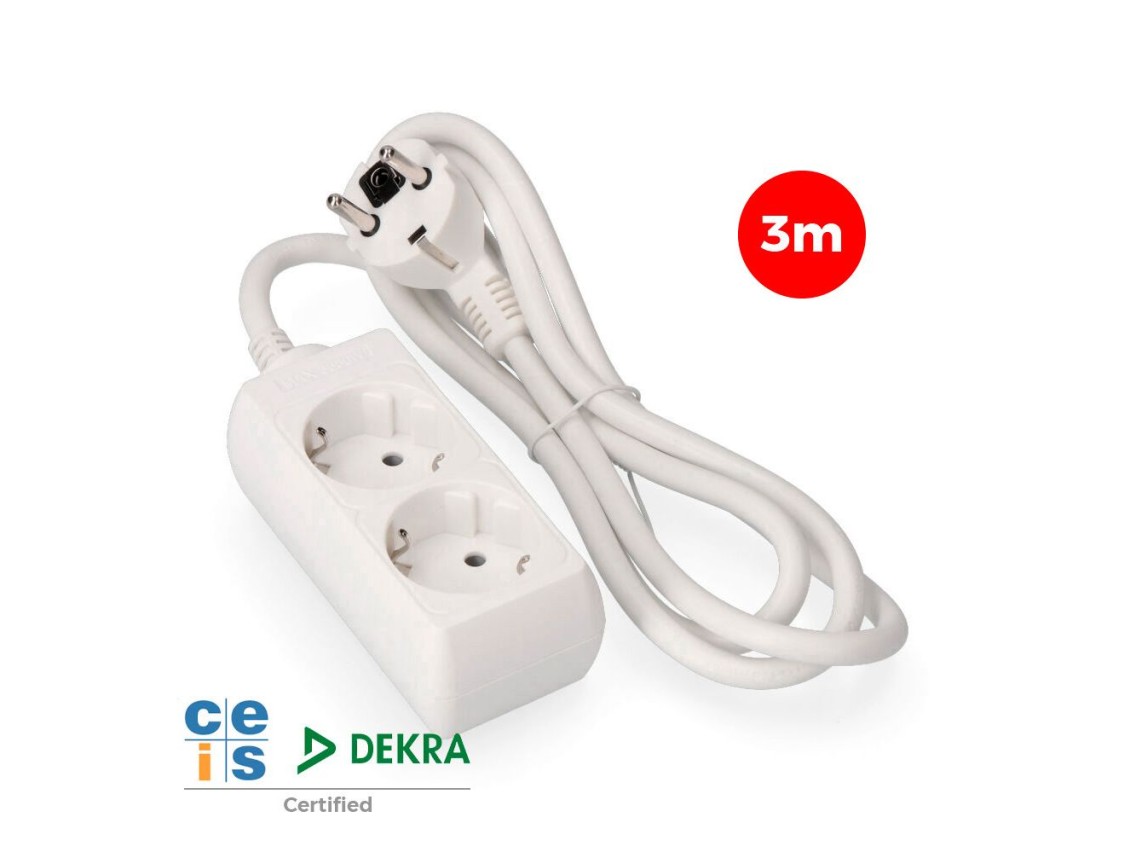 Base múltipla, 2 bases schuko 2p+e, cabo de 3 m h05vv-f 3g1,5 mm² 16a 250v~ 3680 w, branca