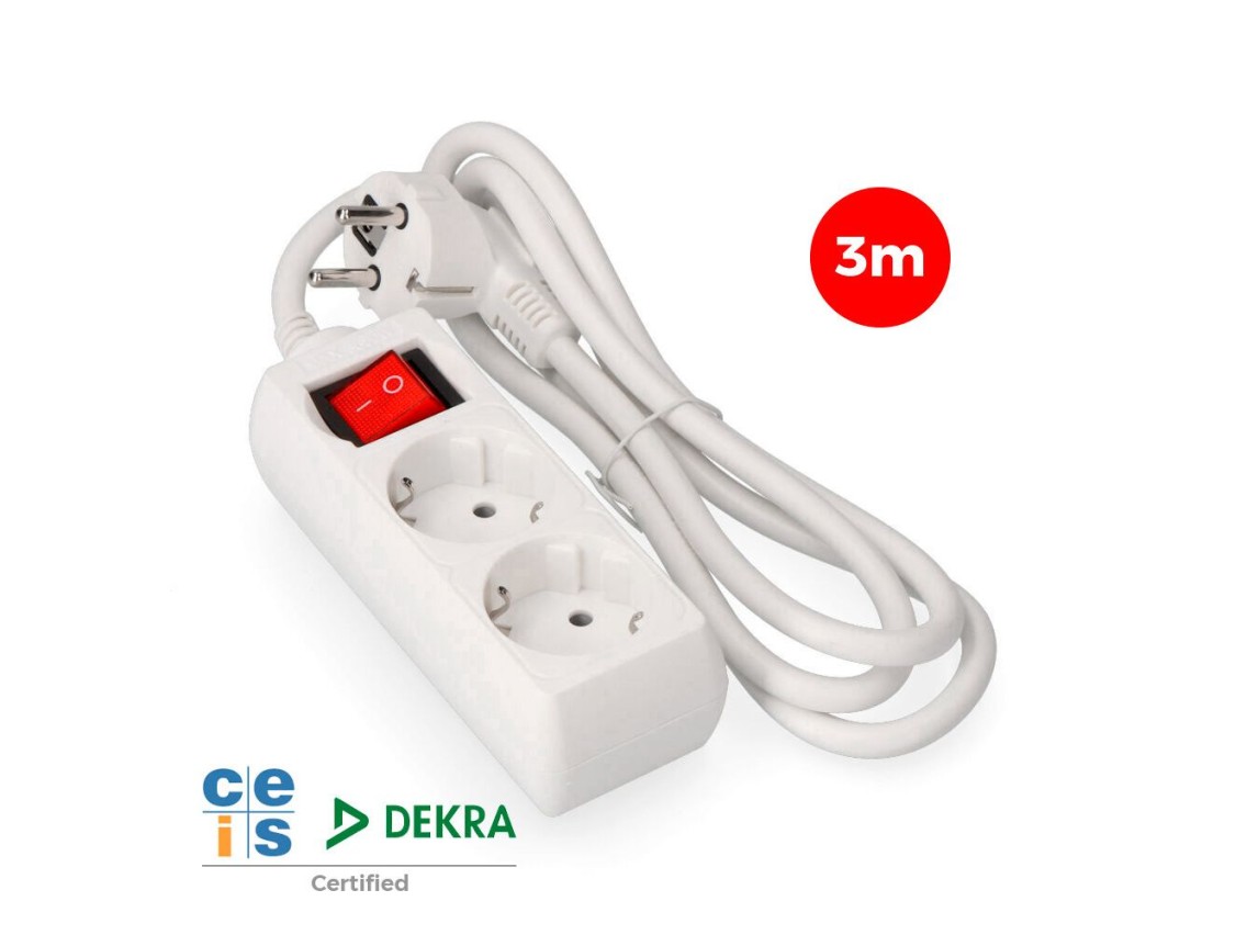 Base múltipla de 2 saídas 2p+e com interruptor iluminado, 3m de cabo h05vv-f 3g1,5 mm², branca