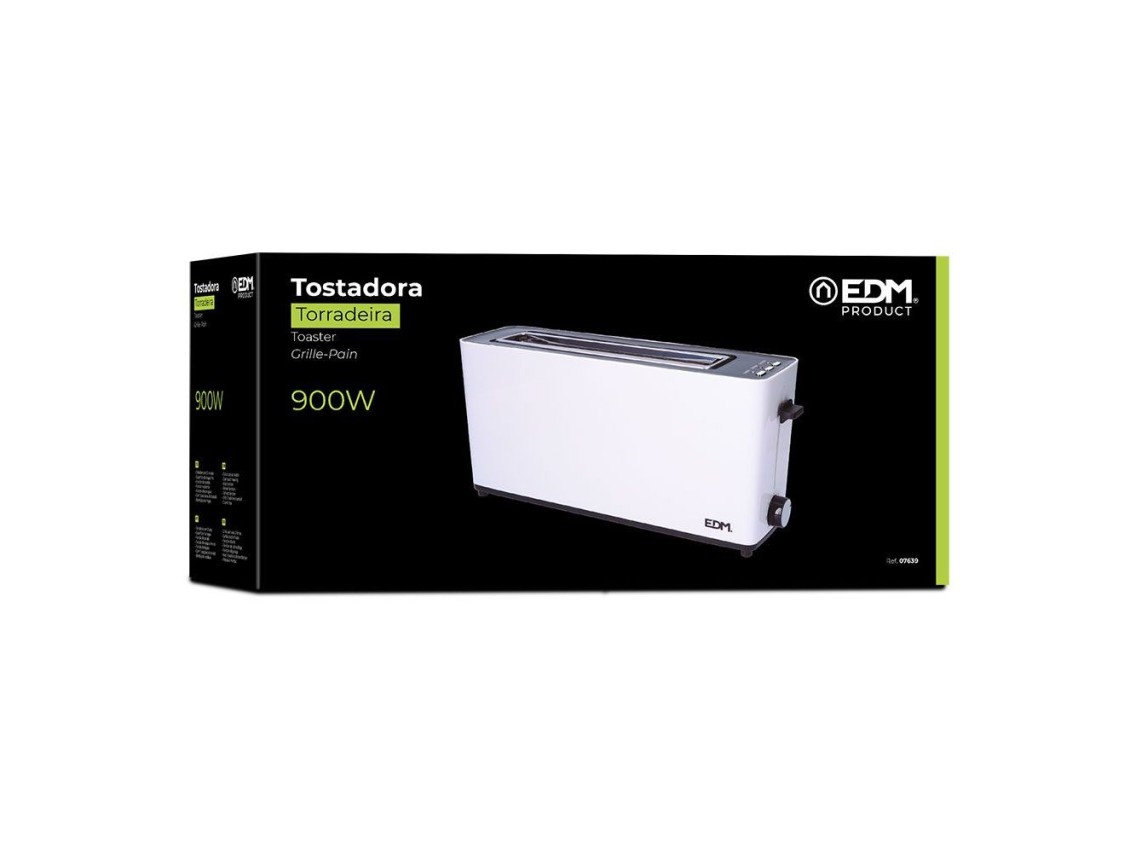 Flat toaster long slot 900w white desing edm