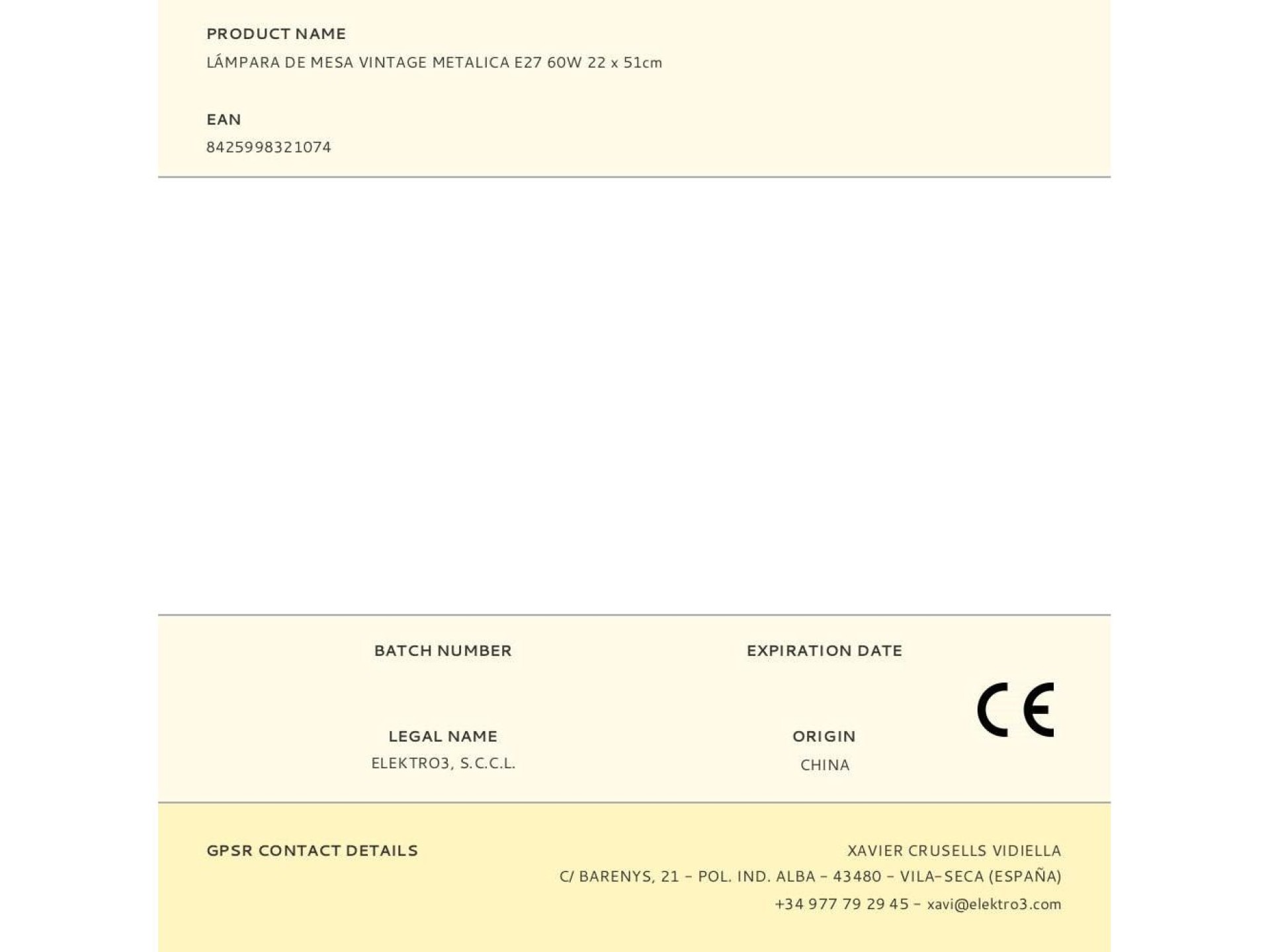 Lámpara de mesa vintage metalica e27 60w 22 x 51cm