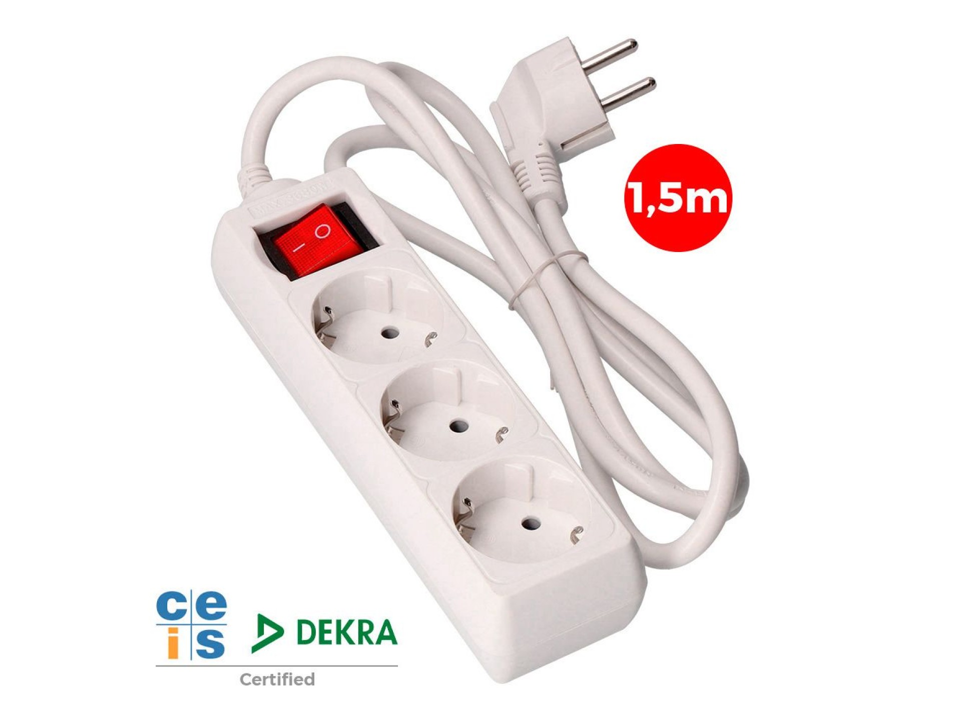 3-outlet multi-socket 2p+e with illuminated switch, 16 to 250 v~ 1,5 m cable h05vv-f 3g1,5 mm² white
