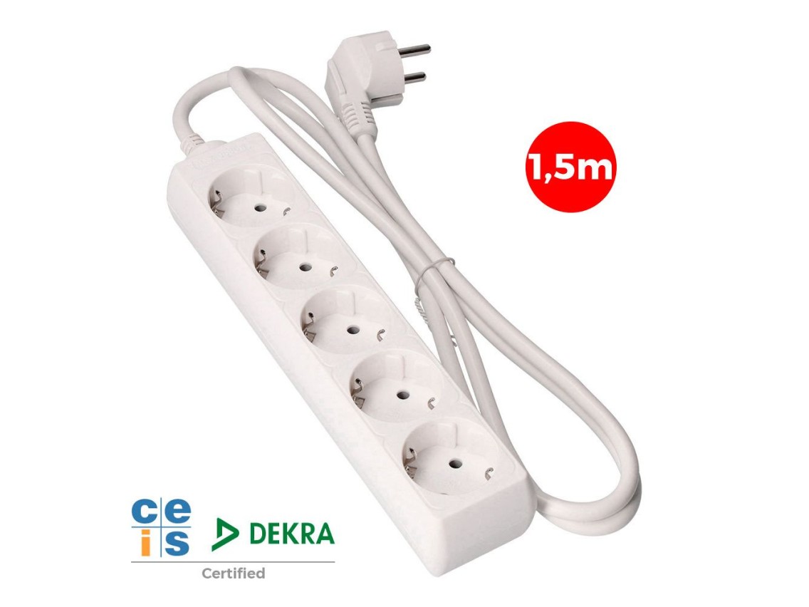 Base múltipla, 5 bases schuko 2p+e, cabo de 1,5 m h05vv-f 3g1,5 mm² 16a 250v~ 3680 w, branca