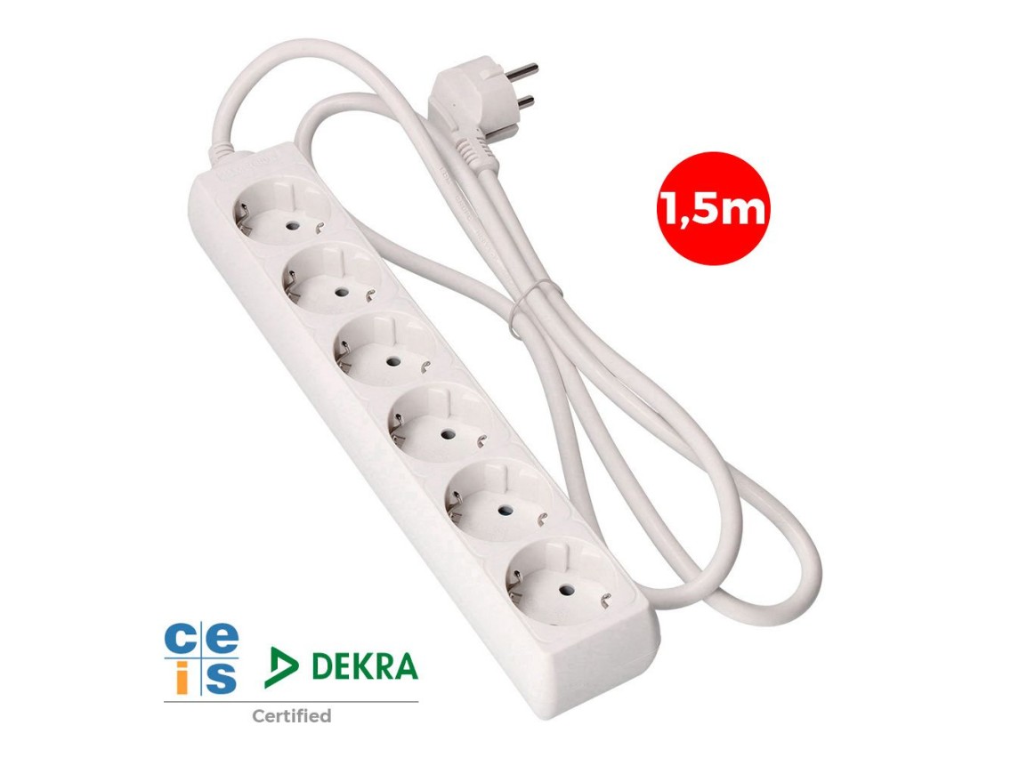 Base múltipla, 6 bases schuko 2p+e, cabo de 1,5 m h05vv-f 3g1,5 mm² 16a 250v~ 3680 w, branca