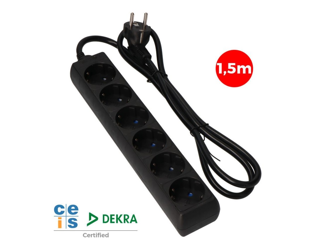 Multiple base, 6 schuko 2p+e sockets, 1,5 m cable h05vv-f 3g1,5 mm² 16a 250v~ 3680 w, black