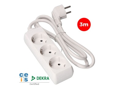 Multiple base, 3 schuko 2p+e sockets, 3 m cable h05vv-f 3g1,5 mm� 16a 250v~ 3680 w, white