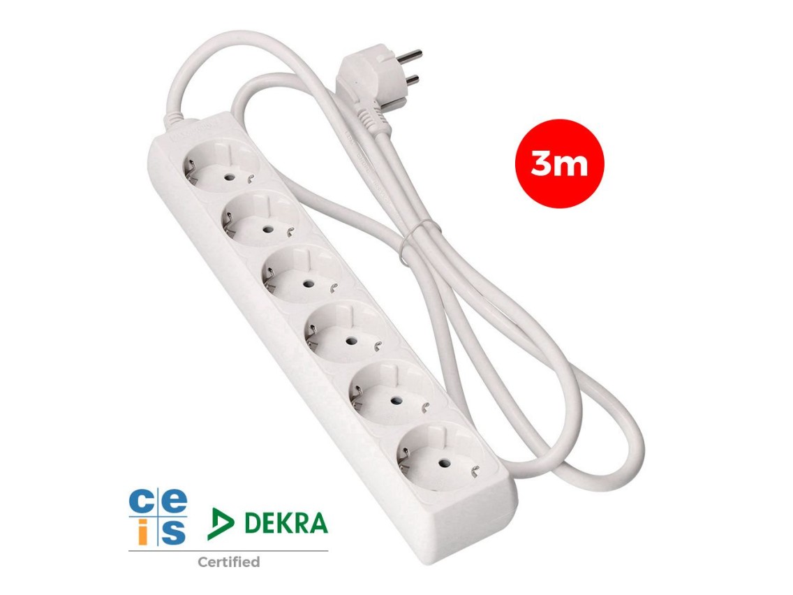 Multiple base, 6 schuko 2p+e sockets, 3 m cable h05vv-f 3g1,5 mm� 16a 250v~ 3680 w, white