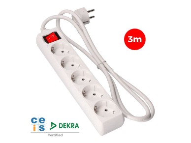 Base m�ltiple 5 tomas 2p+t con interruptor luminoso, 3 m de cable h05vv-f 3g1,5 mm�, blanca