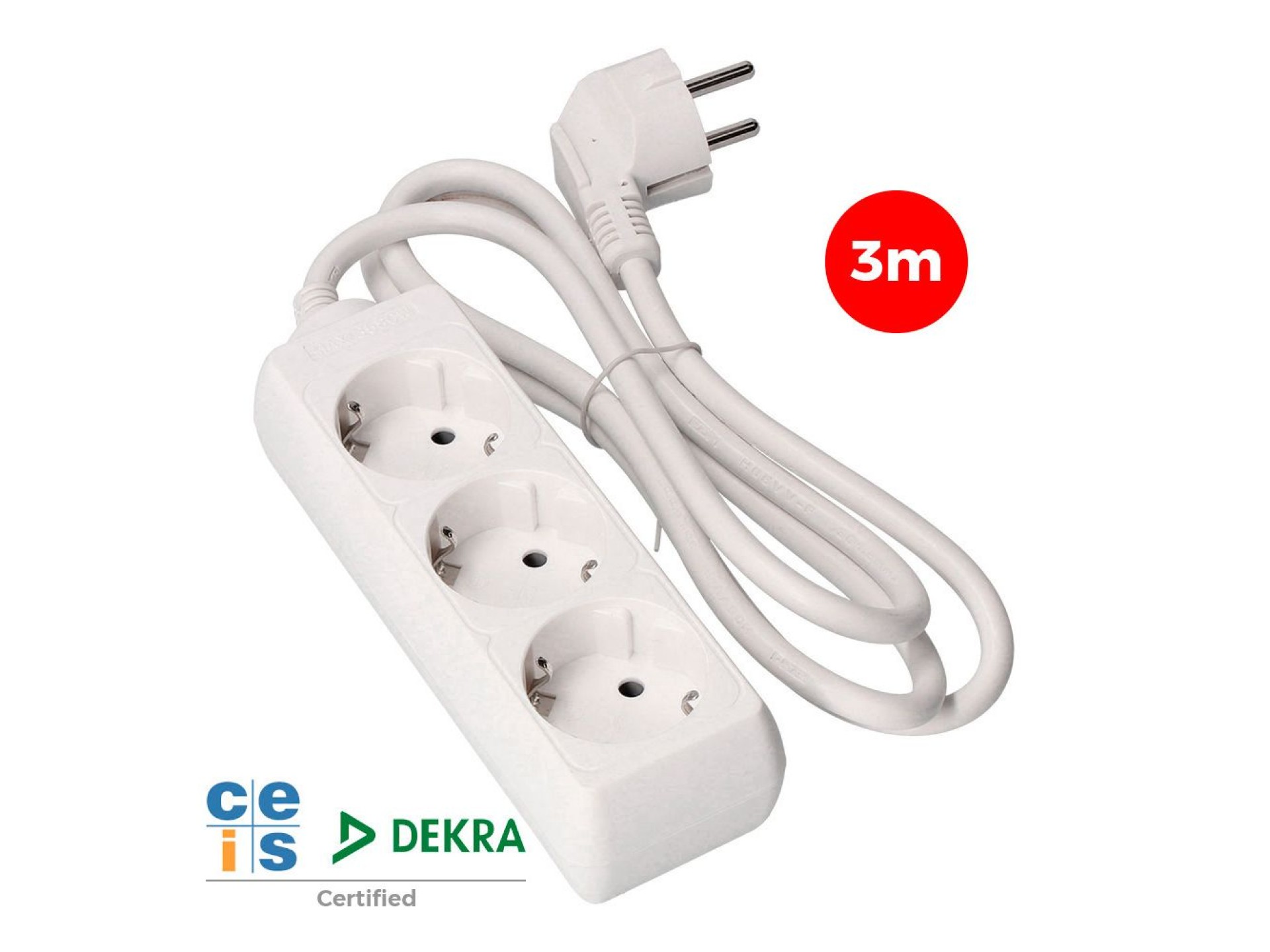Multiple base, 3 schuko 2p+e sockets, 3 m cable h05vv-f 3g1,5 mm² 16a 250v~ 3680 w, white