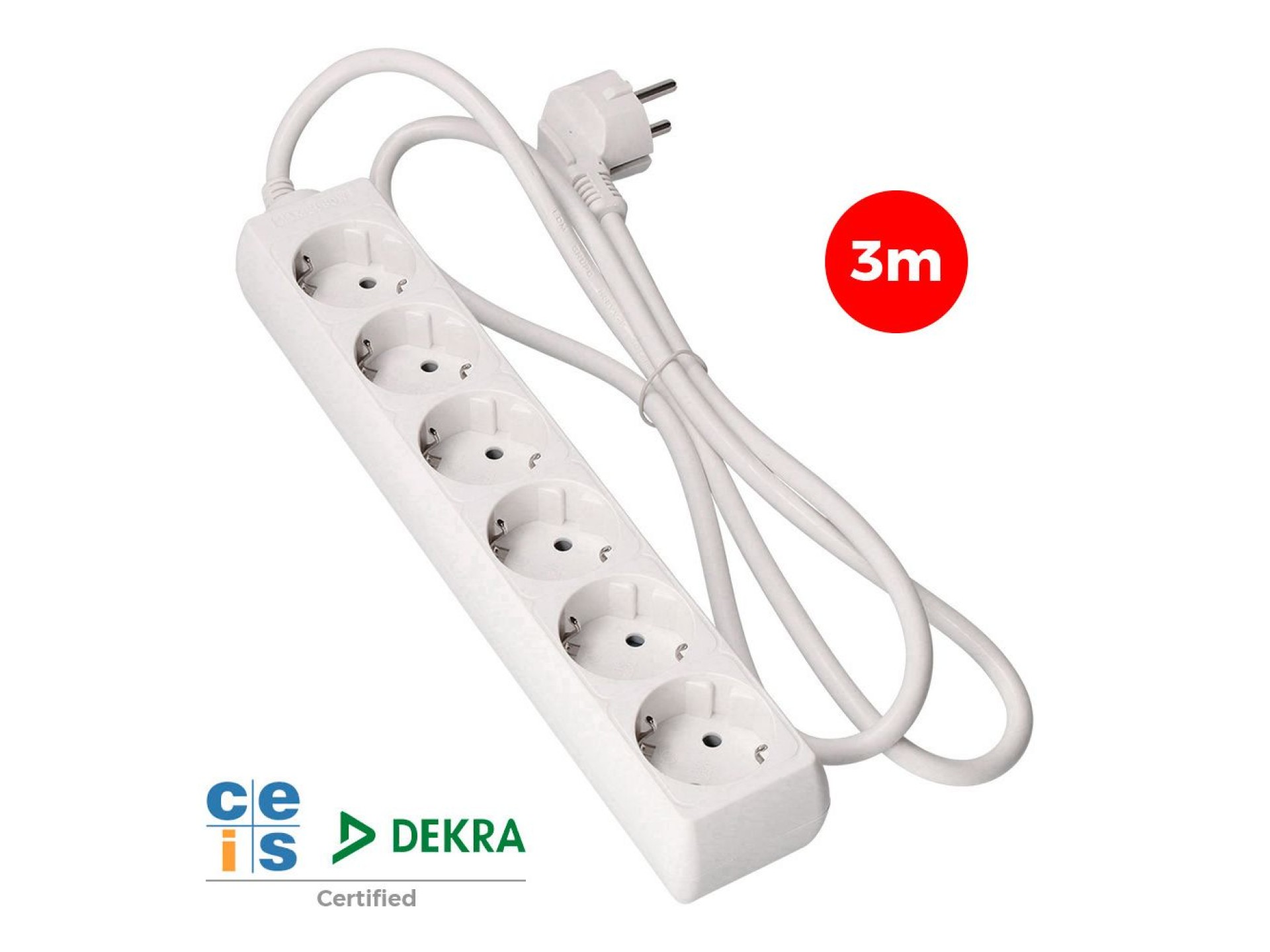 Multiple base, 6 schuko 2p+e sockets, 3 m cable h05vv-f 3g1,5 mm² 16a 250v~ 3680 w, white
