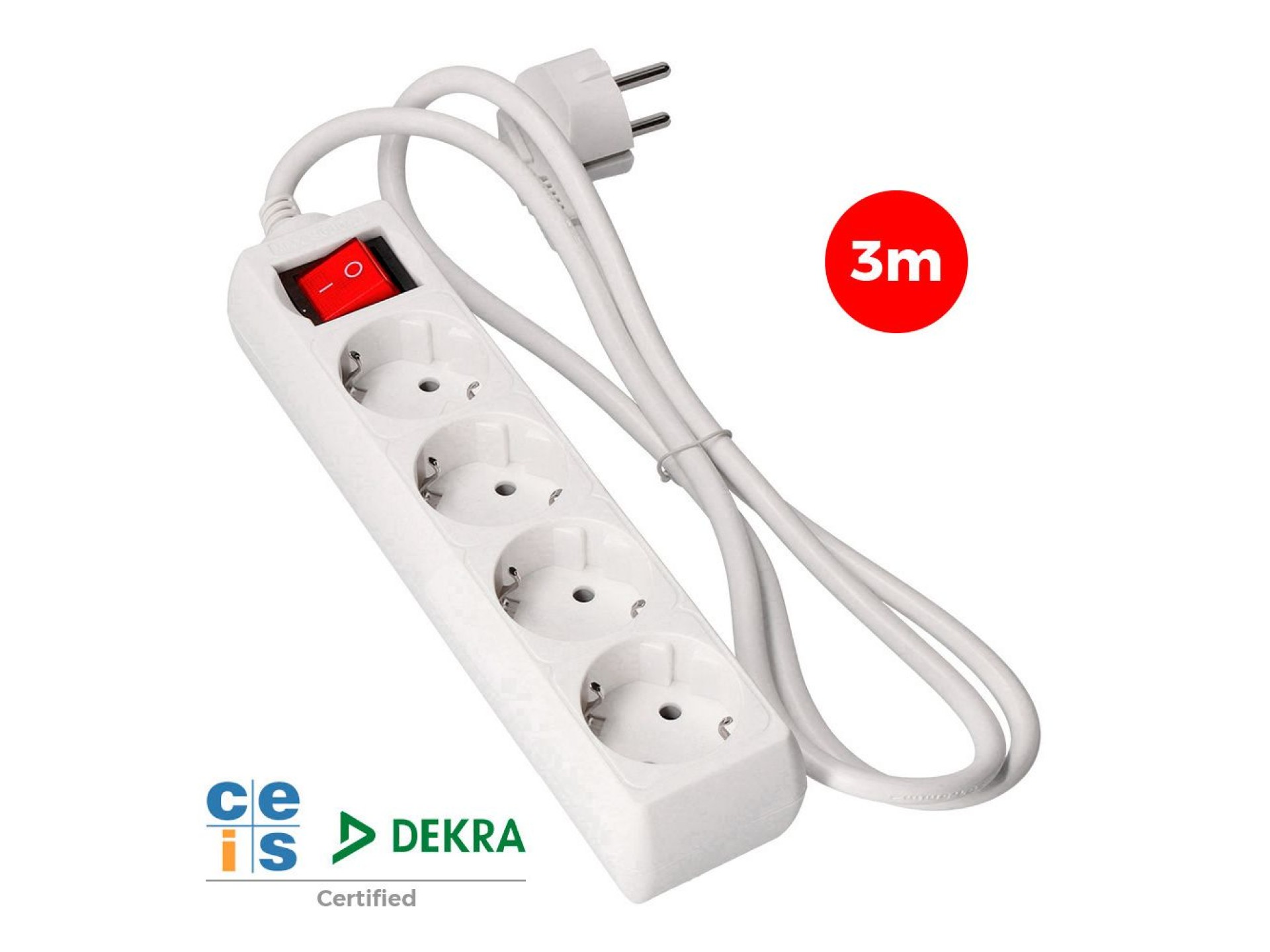Base múltipla de 4 saídas 2p+e com interruptor iluminado, 3m de cabo h05vv-f 3g1,5 mm², branca