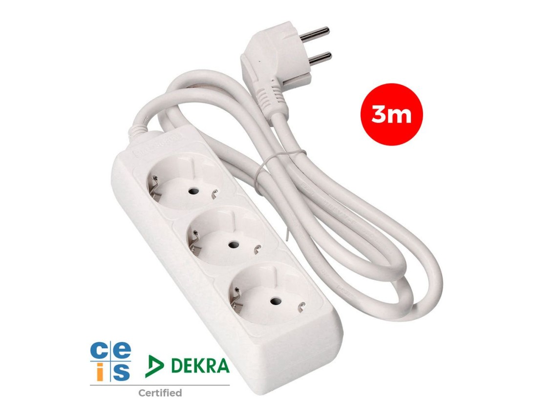 Multiple base, 3 schuko 2p+e sockets, 3 m cable h05vv-f 3g1,5 mm² 16a 250v~ 3680 w, white