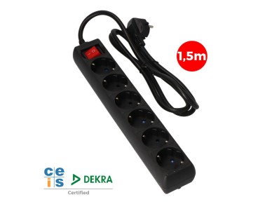6-outlet multi-socket 2p+e with illuminated switch, 1.5 m cable h05vv-f 3g1,5 mm�, 16a 250v~, black