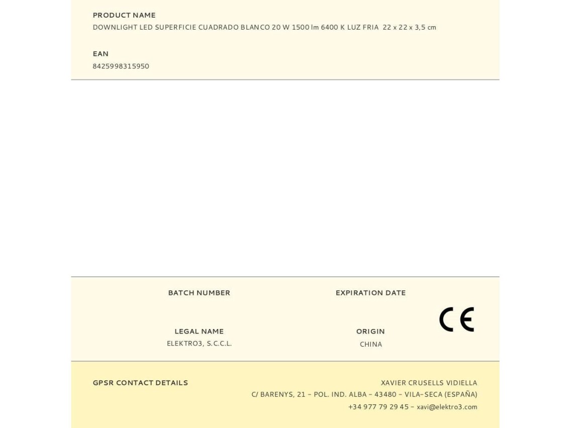 Square surface led downlight 20w 1500lm 6400k cold light white colour 22x22x3,5cm edm